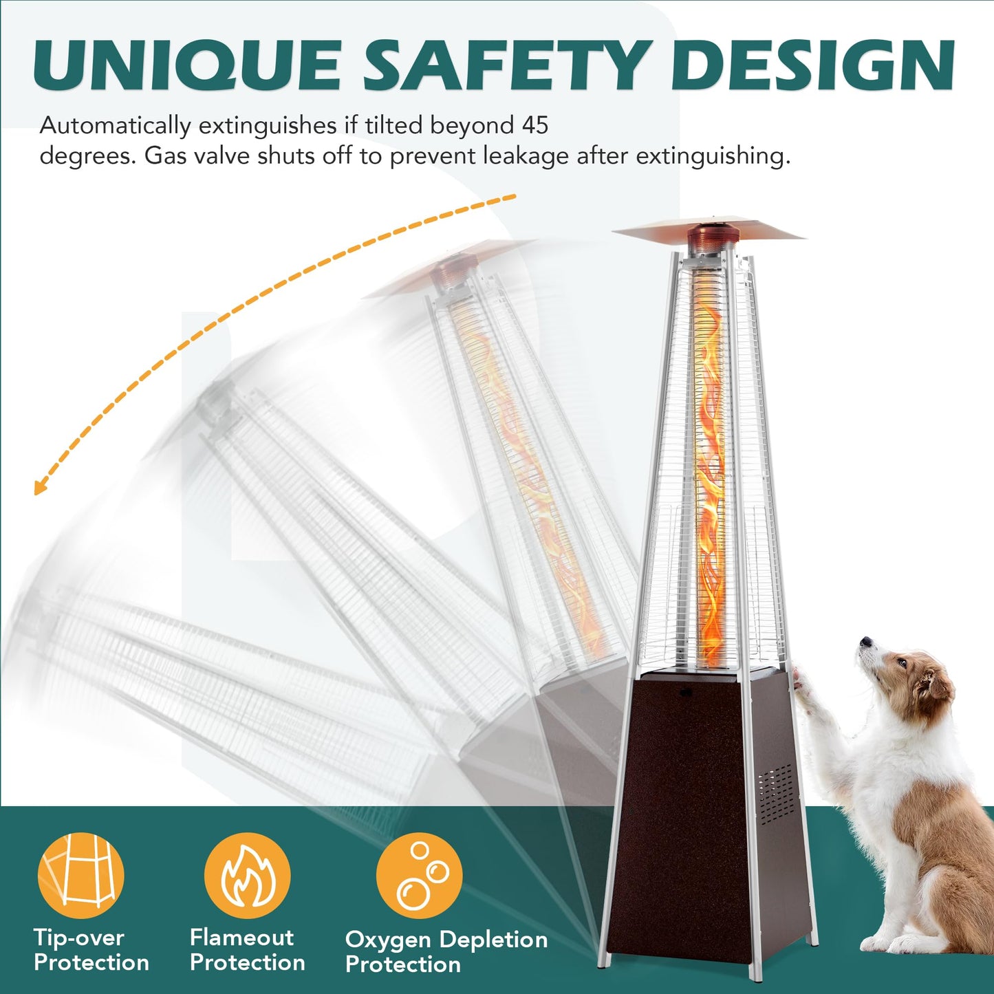 PATIOPIA 48,000 BTU Flame Pyramid Pool Heater With Cover, Triple Safety Protection Portable Patio Heater with Patio Cover, Warm Glass Tube with Durable Wheels-Brown