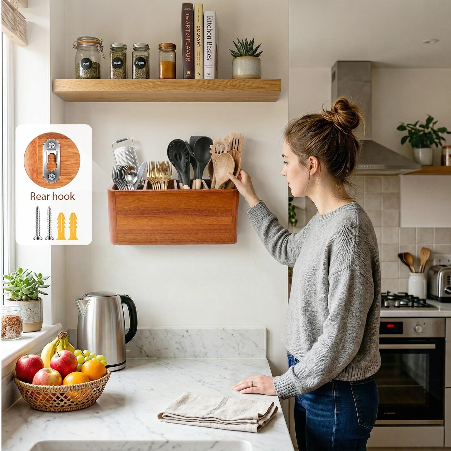 powerful xishan Kitchen Utensil Holder for Countertop, Extra Large Acacia Wood Utensil Organizer, 4-Compartment Storage for Cooking Utensils, Silverware and Cutlery
