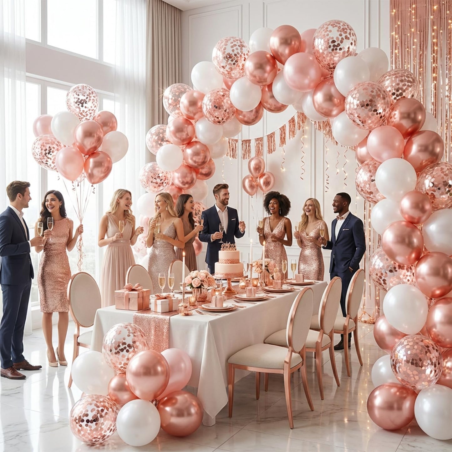Hiquaty Rose Gold Balloons,60pcs Rose Gold and White Balloons 12 Inch,Rose Gold Ribbon for New Year Wedding Bridal Shower Party Decorations