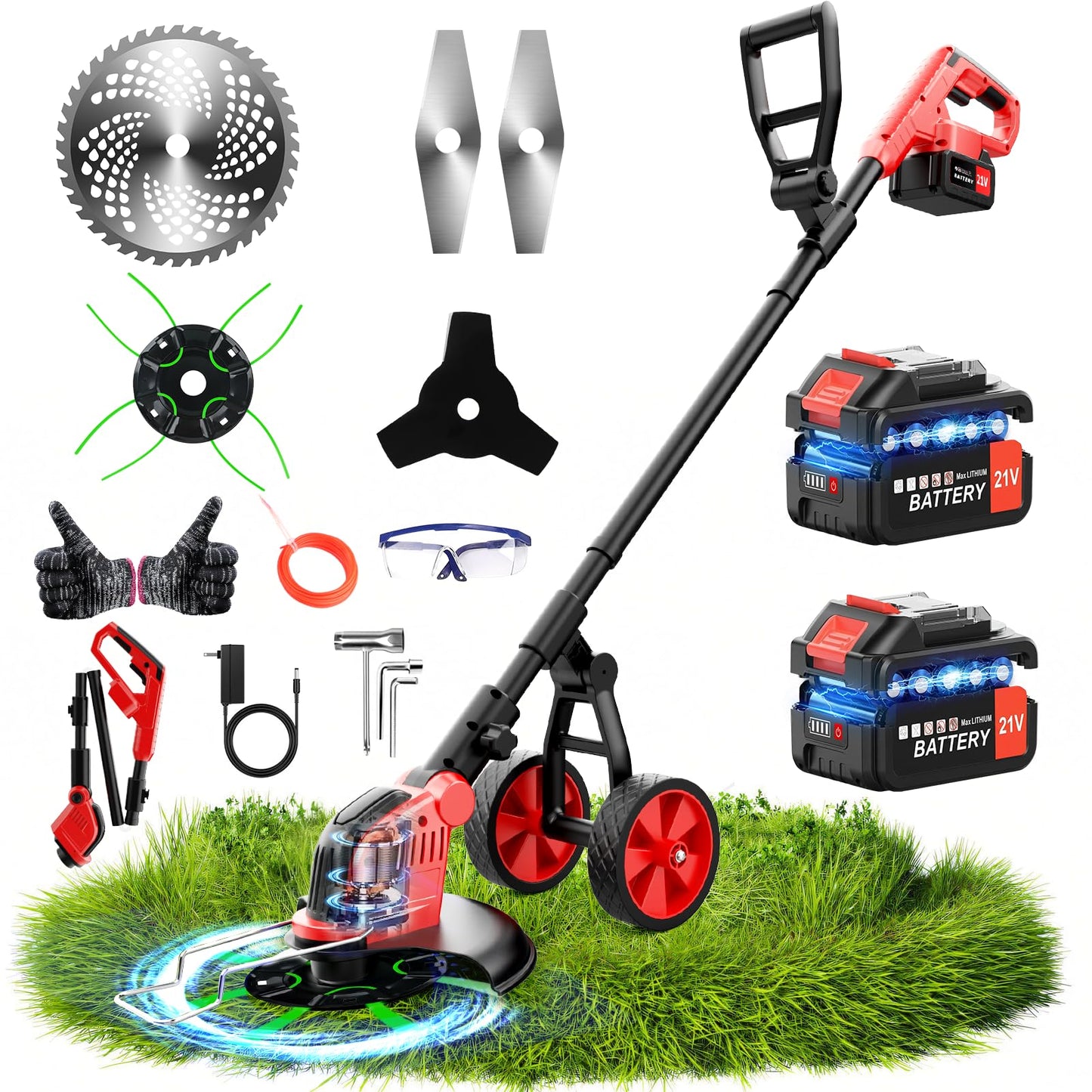 6000mAh Electric Weed Eater Battery Powered,12″ Brushless Electric Weed Wacker Cordless Wheeled String Trimmer,4 in 1 Grass Trimmer/Brush Cutter/Grass Edger/Weed Trimmer 5 Blade, 2 Battery (Red)
