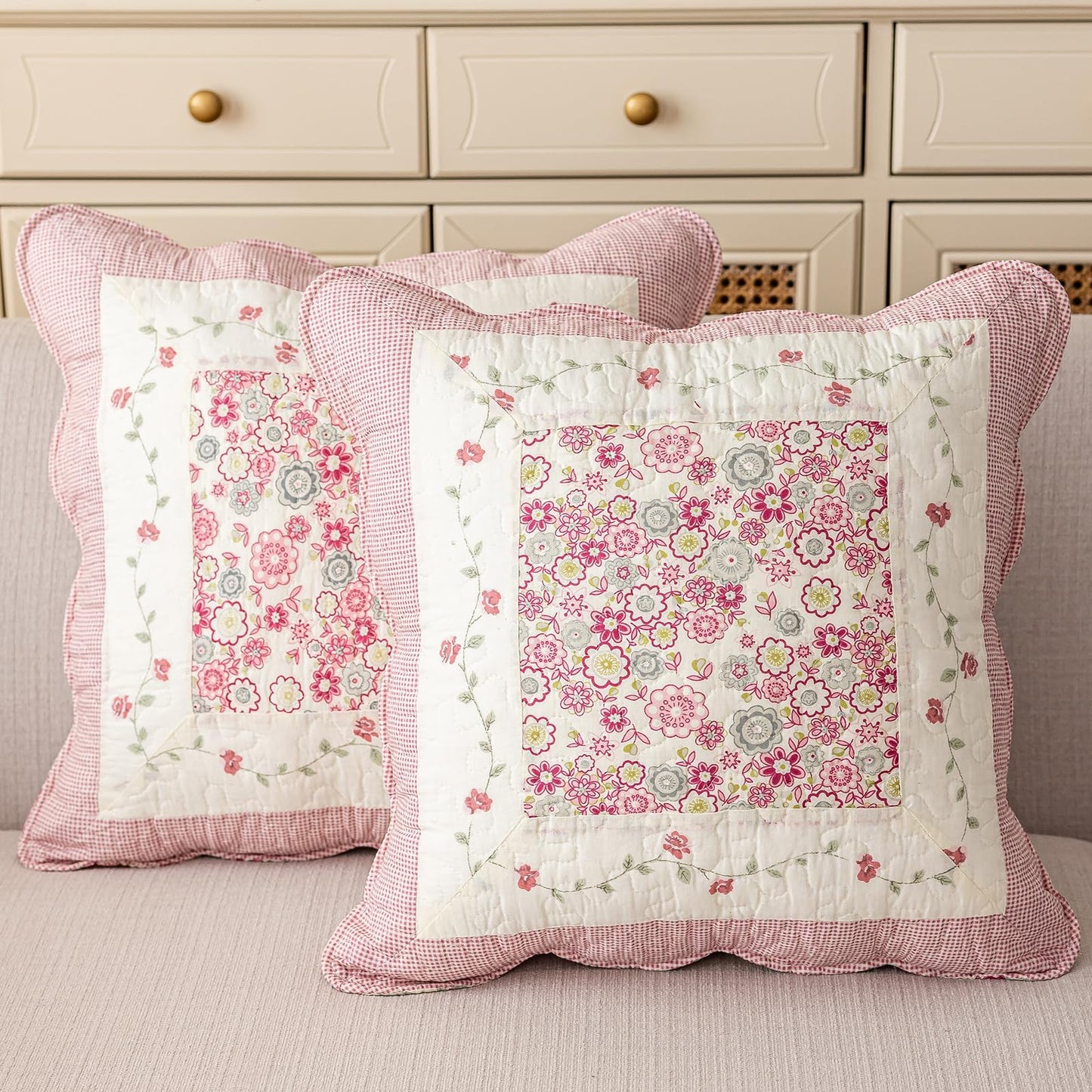 vctops Set of 2 Quilted 100% Cotton Boho Throw Pillow Covers 18" x 18" Farmhouse Country Floral Patchwork Decorative Cushion Cover, Patchwork Flower L