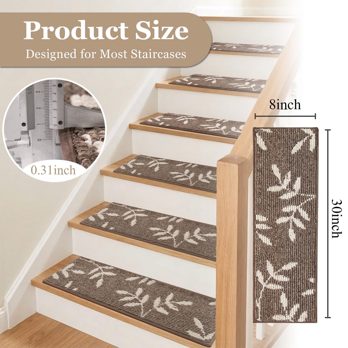 TANVILL Stair Treads for Wooden Steps Non Slip Stair Carpet, 4 Pack Stair Runners Indoor Stair Rugs for Elders and Pets Reusable Staircase Step Treads Covers, 30x8 Inches, Brown