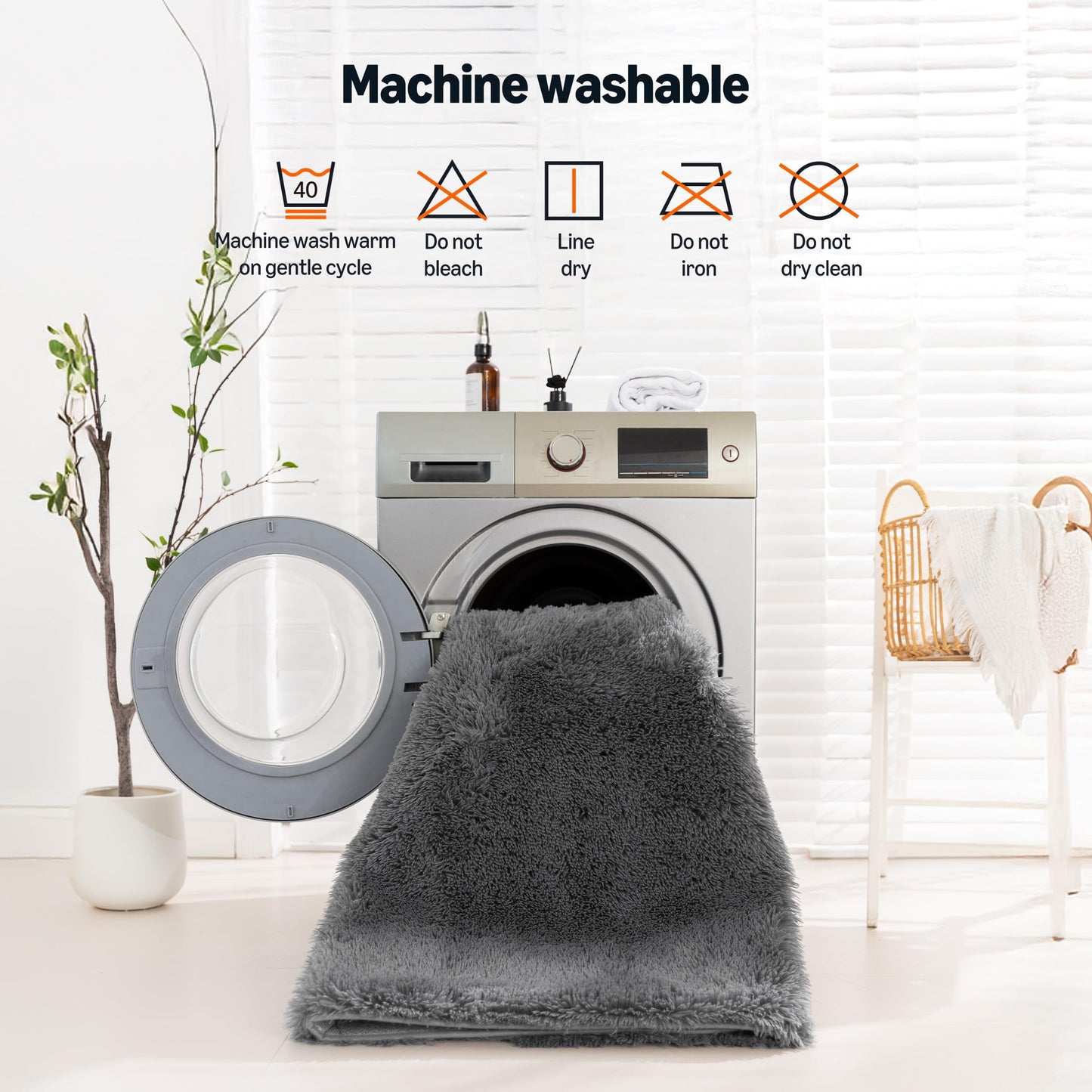 Amazon Basics Fluffy Washable Area Rug, Bedside Shaggy Carpet for Door Entryway, Living Room and Bedroom, 2' W × 3' L, Dark Gray