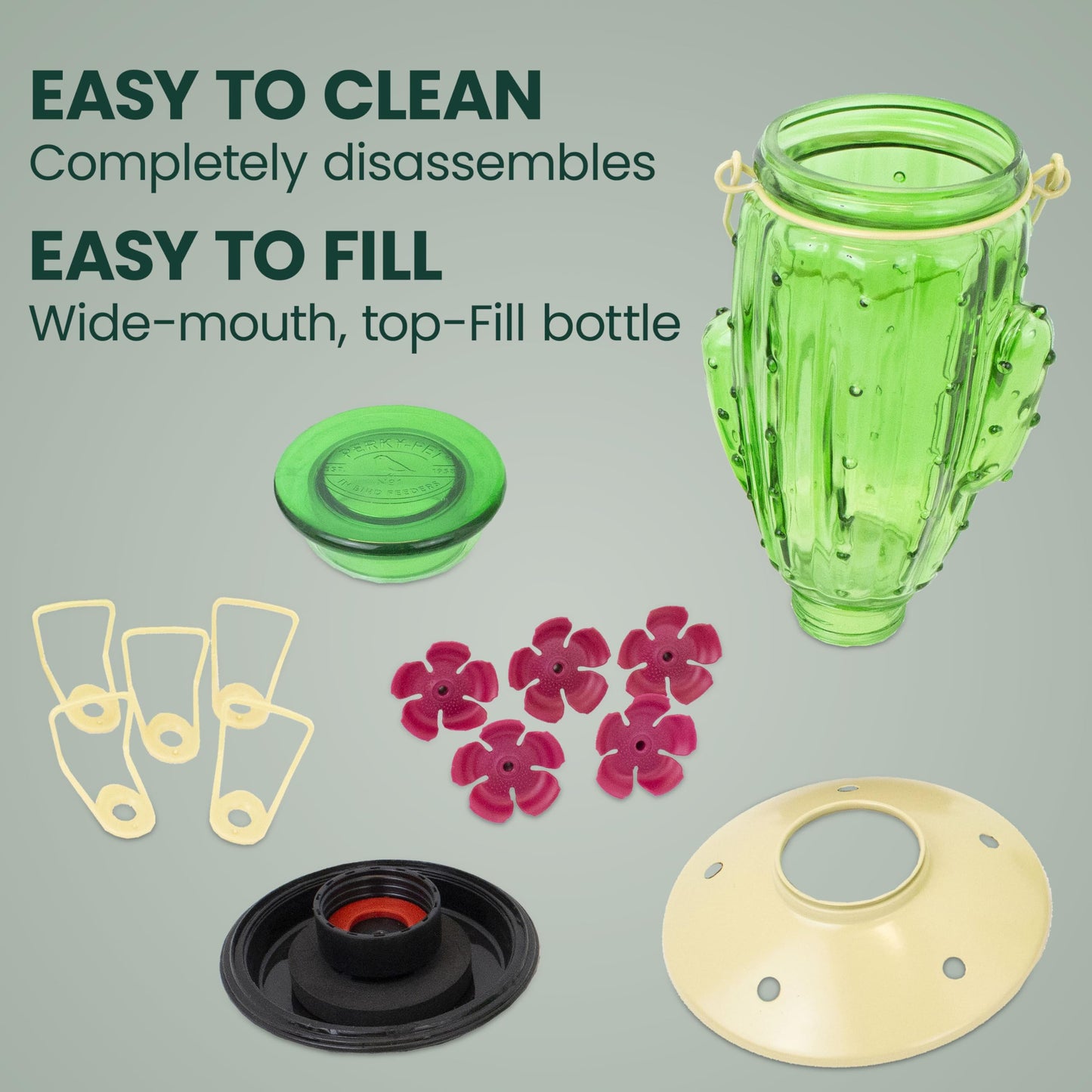 Perky-Pet Cactus Top Fill Glass Hummingbird Feeder with Built-in Bee Guards & Removable Perches - 32 oz Nectar Capacity - Hummingbird Feeder for Outdoors - 9111-1SR