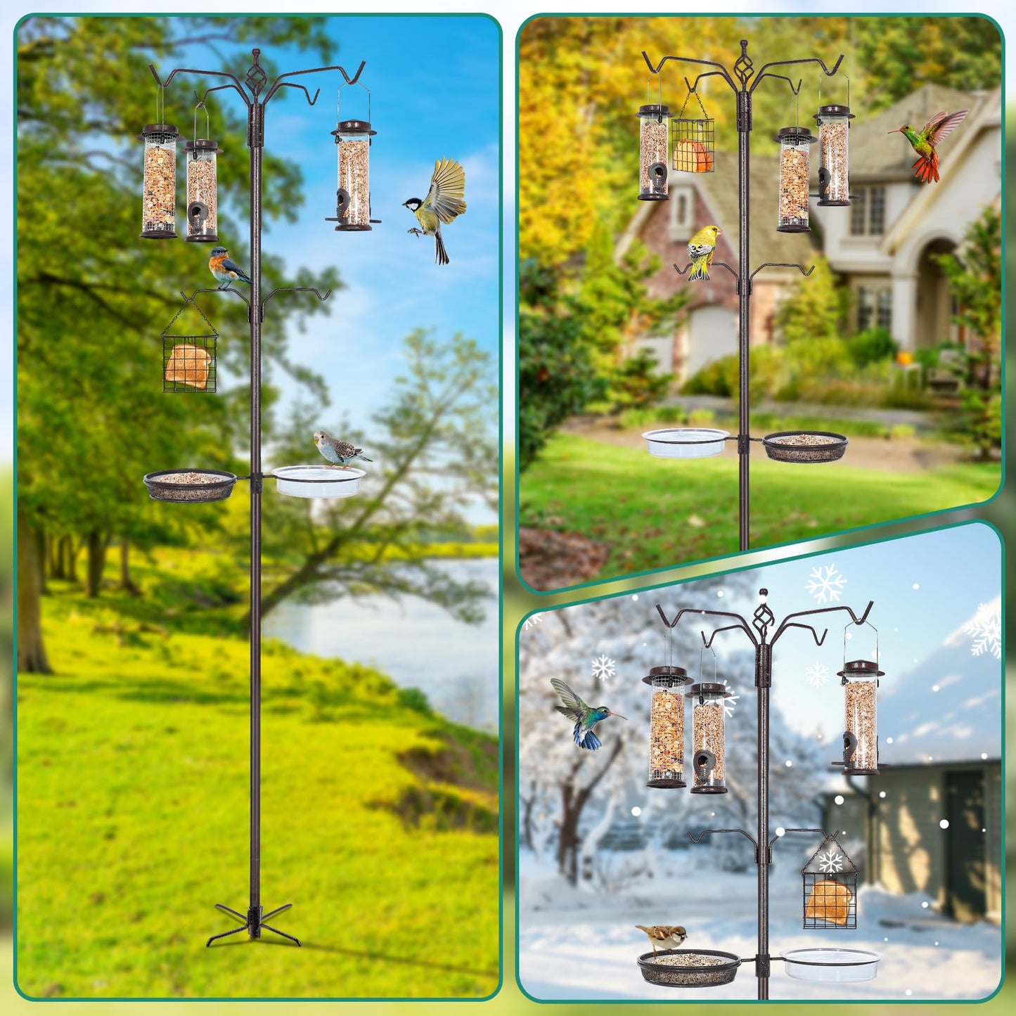 YINGYM Bird Feeding Station Kit, 94 Inch Bird Feeder Pole Stand for Outdoors Hanging with 4 Feeders, Metal Suet and Bath Tray for Wild Birds Watching