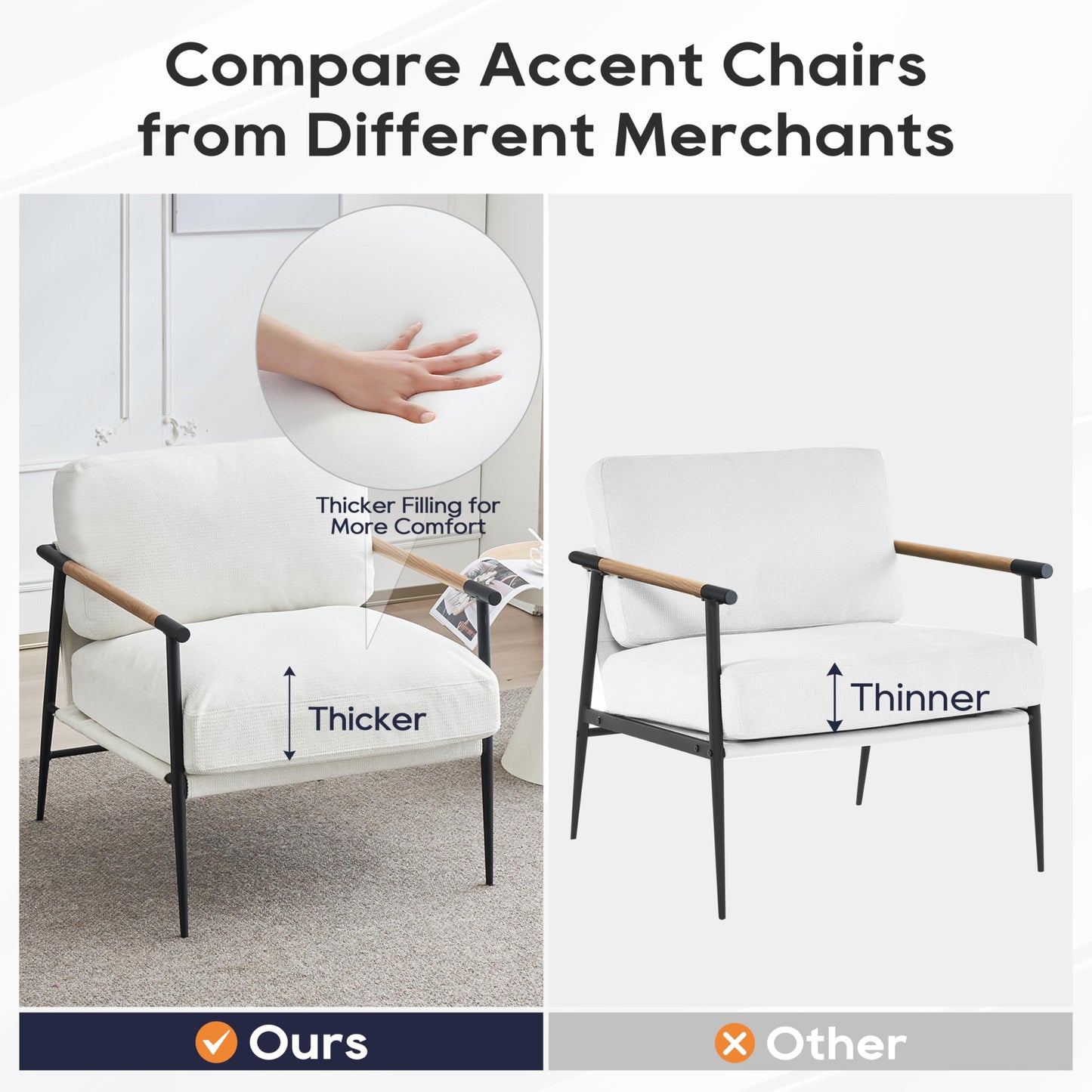 Accent Chair Mid Century Modern Armchair for Living Room,Bedroom,Office,Lounge Comfy Chenille Upholstered Soft Removable Washable Cushions and Pillows,Metal Wood-Grain Armrest Legs,White