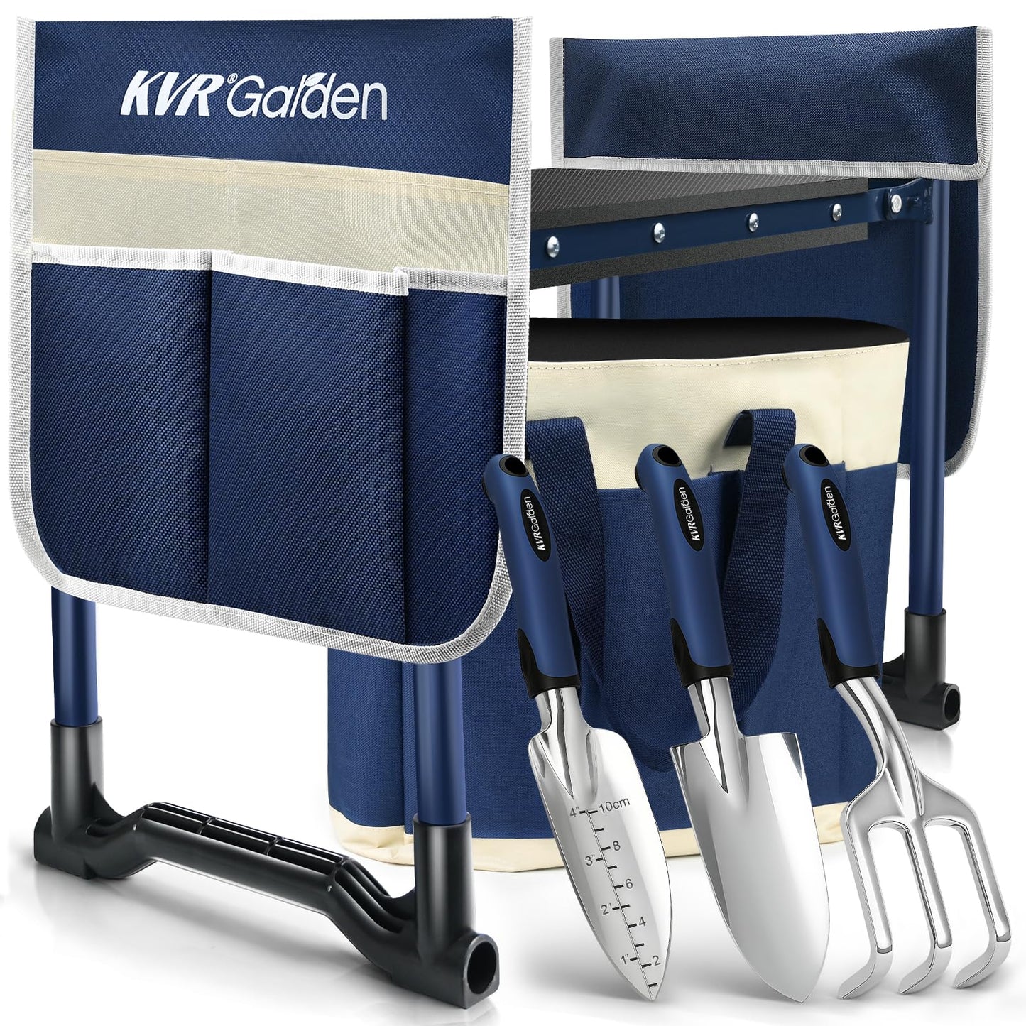 KVR Garden Kneeler and Seat Set 7-Piece Upgraded - Heavy Duty Foldable Bench & Stool with 3 Aluminum Tools, 2 Non-Slip Pouches & Tote Bag - Gardening Chair Gifts for Seniors, Women, Mom