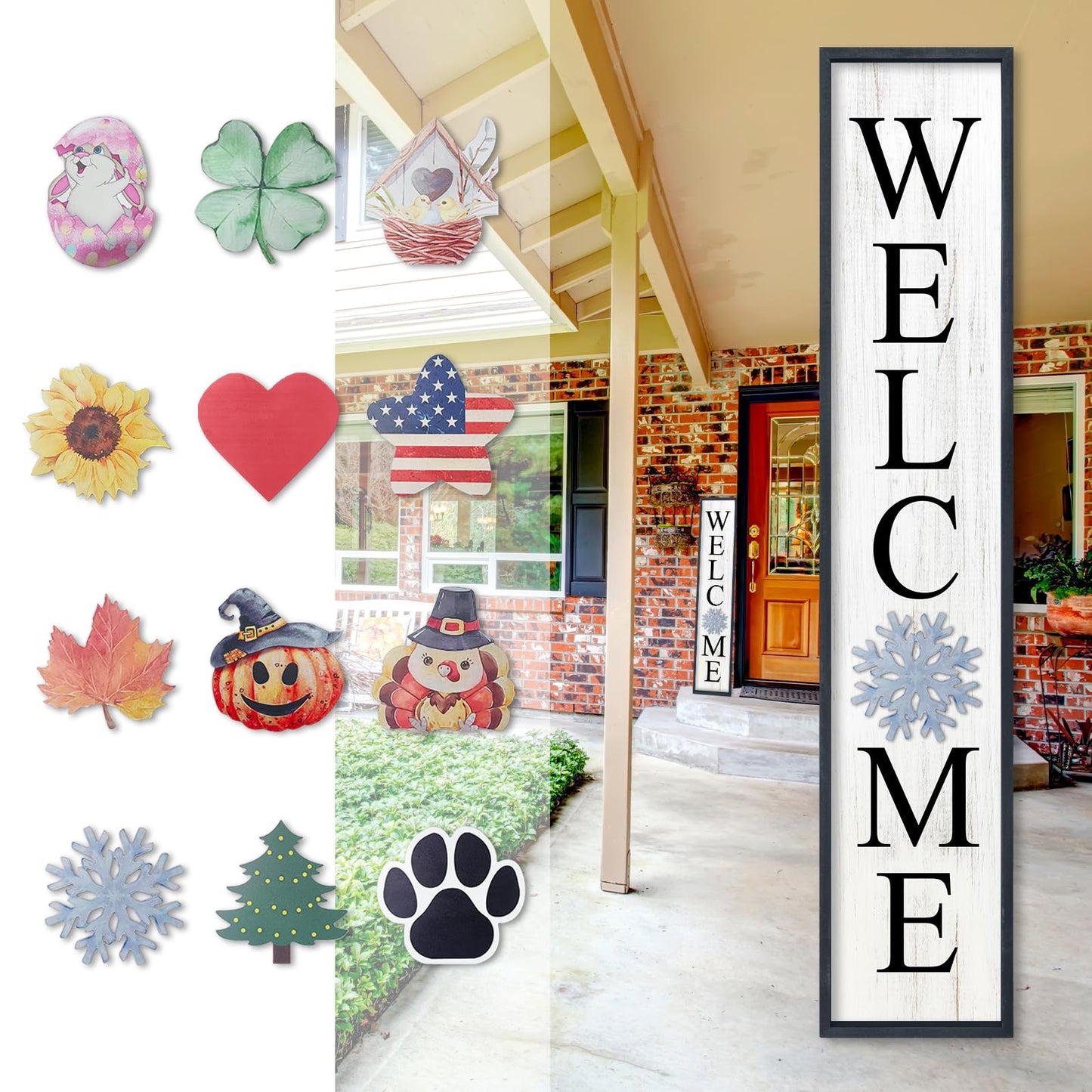 Aurapeak Interchangeable Welcome Sign for Front Porch Door, Outdoor Leaner Home Wooden Frame With 12 Pcs Replaceable Icons Outside Standing Seasonal Welcome Holiday Decorations (45"X9" Black)