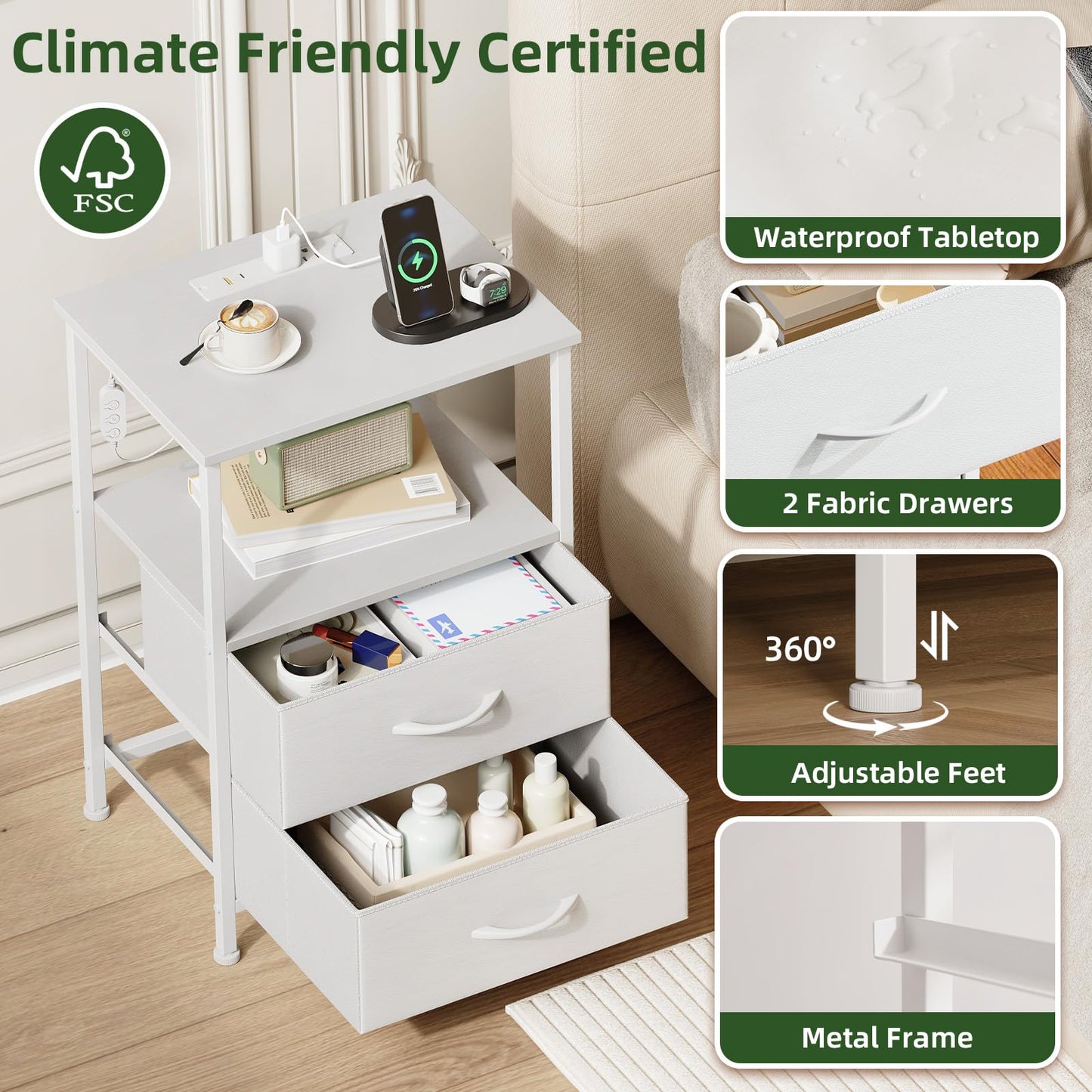 Somdot White Nightstand with Charging Station and LED Light for Bedroom, 2 Drawers Dresser with Fabric Bins for Bedside Kids Dorm Room Closet Laundry Entryway, White Leather