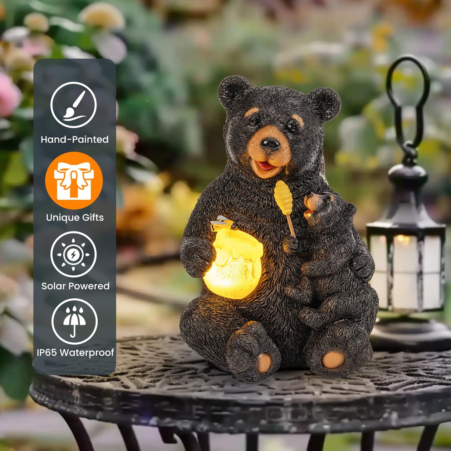 GIGALUMI Solar Garden Statues Bears 9", Loving Black Bear Decor, Yard Decorations Outdoor, Bear Figurine Lights for Outside, Garden Decor Unique Birthday Housewarming Gifts for Women, Mom