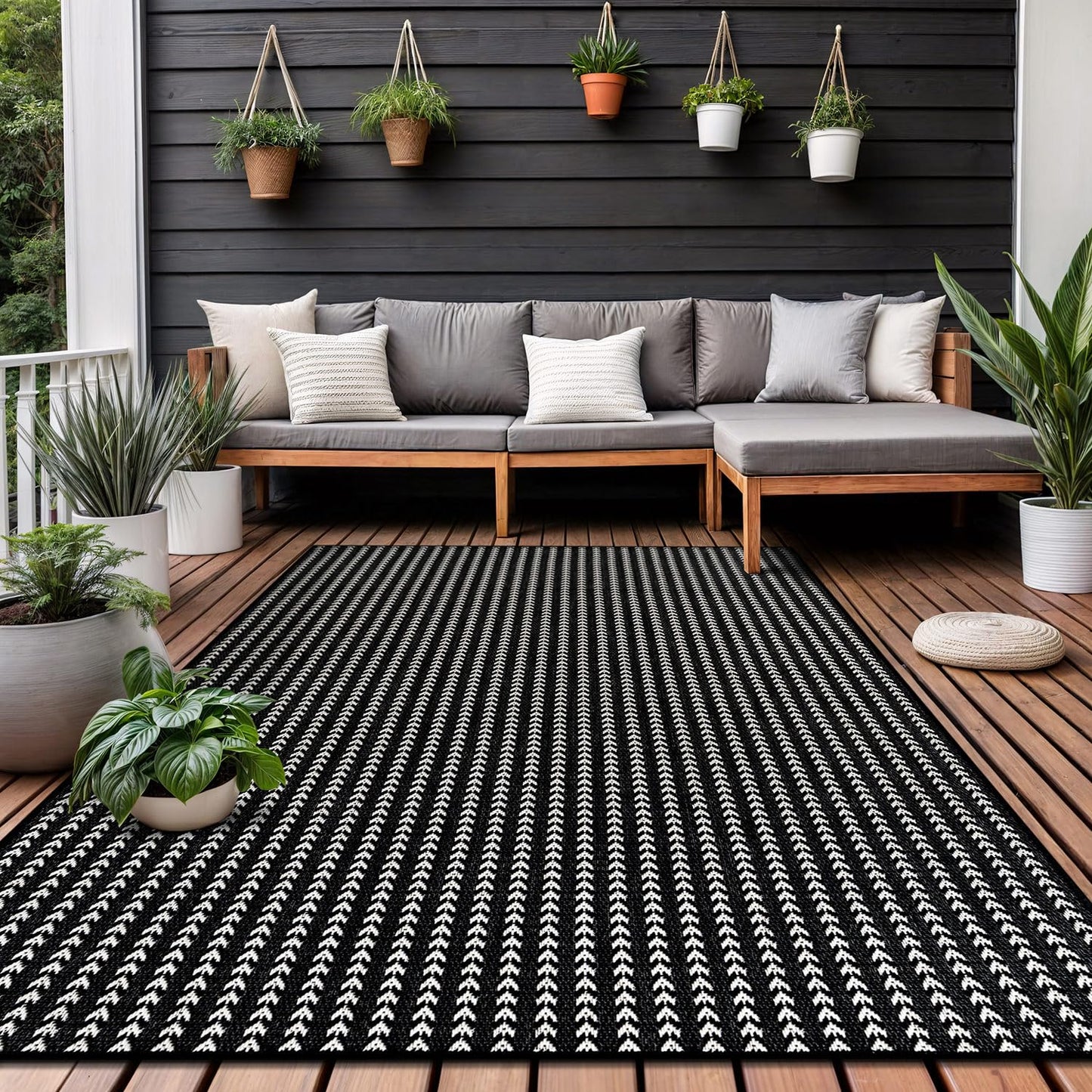 Washable Outdoor Rug 6x9 Modern Area Rugs Outdoor Carpets Striped Pattern Non Shedding Waterproof Easy Clean Patio Deck Porch Living Room Bedroom Garden RV (6 X 9 Black)