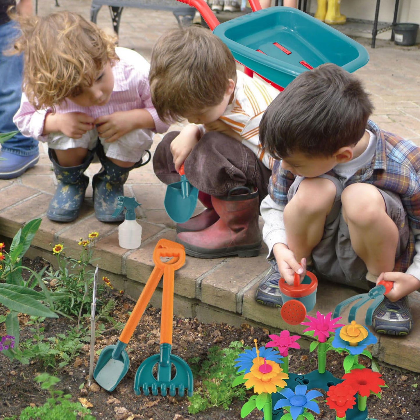 unanscre Gardening Tool Set for Kids, with Toddler Wheelbarrow, Watering Can, Spray Bottle, Double Rake, Shovel, Trowel, Pruner, Flowers Kit, Apron, Pretend Play Garden Toys for Age3+ Outdoor Yard