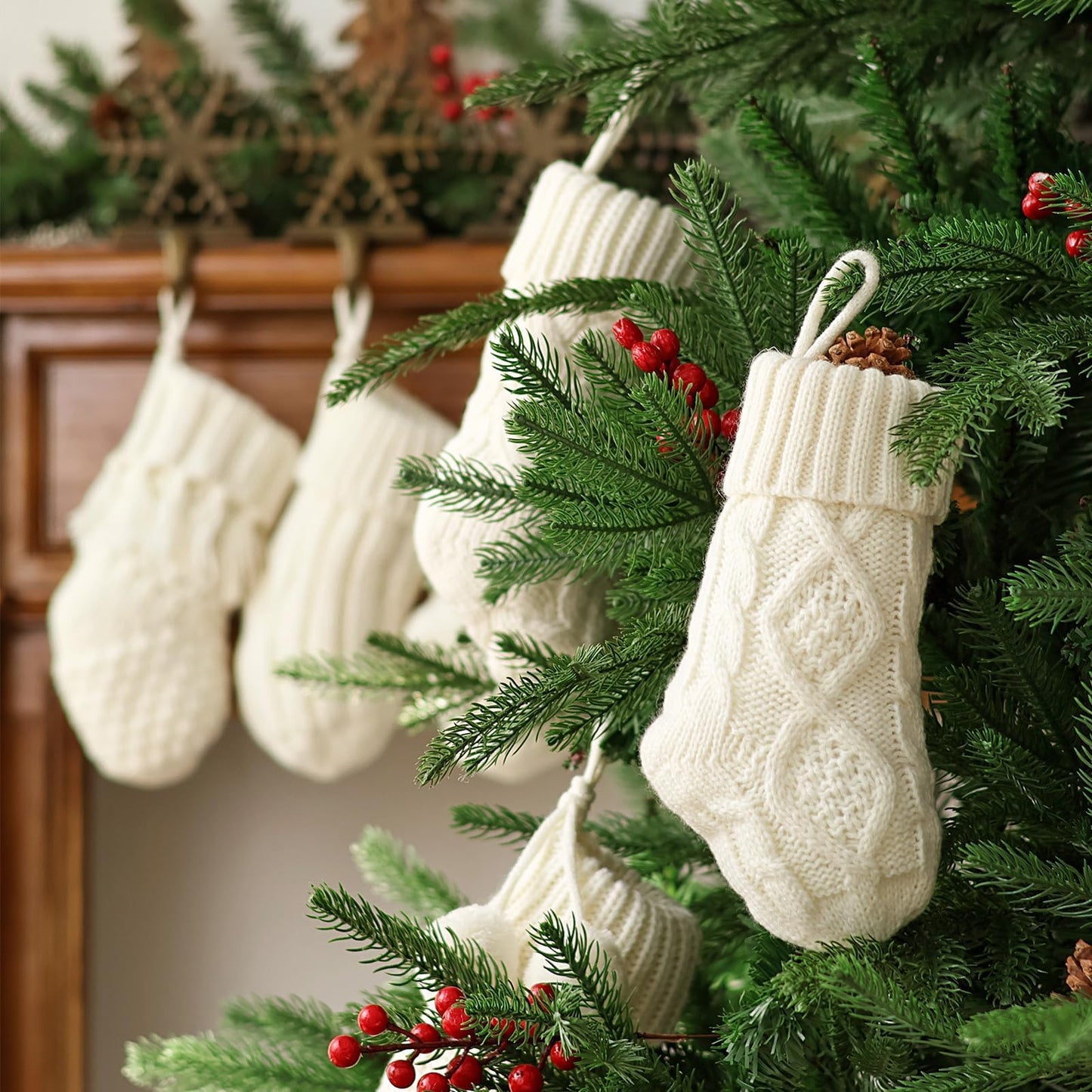 Rustic Mini Knitted Christmas Stockings: 6 Pack 9 Inch Beige Cable Knit Fireplace Stockings, Farmhouse Boho Style Cozy Handmade Hanging Xmas Stocking Decorations for Family Holiday Décor, Cream White