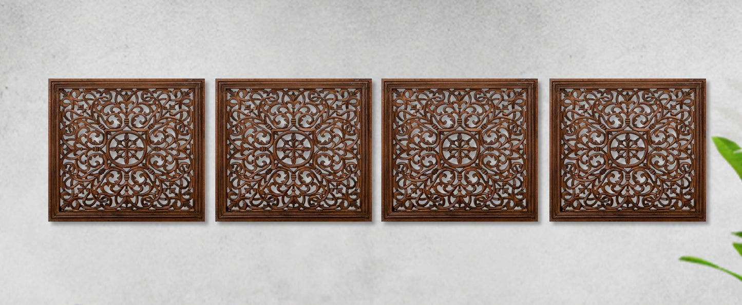 The Wooden Town Kashmiri Wall Décor – Set of 4 (16x16 Inch) | Handcrafted Wooden Wall Panels & Hanging Plaques for Living Room, Home & Office | Burnt Finish Decorative Art for Walls