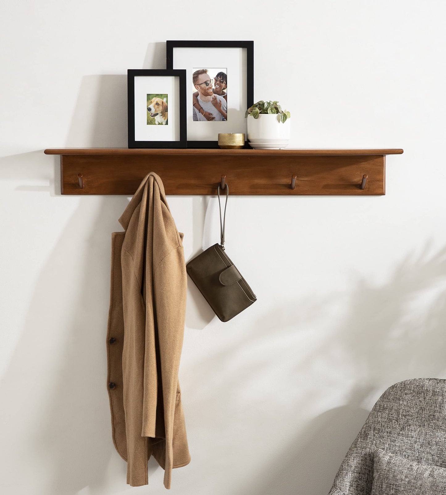 Kate and Laurel Alta Modern Wall Shelf with Hooks; 36 x 5 x 5; Walnut Brown; Decorative Entryway Shelf with 5 Hanging Hooks