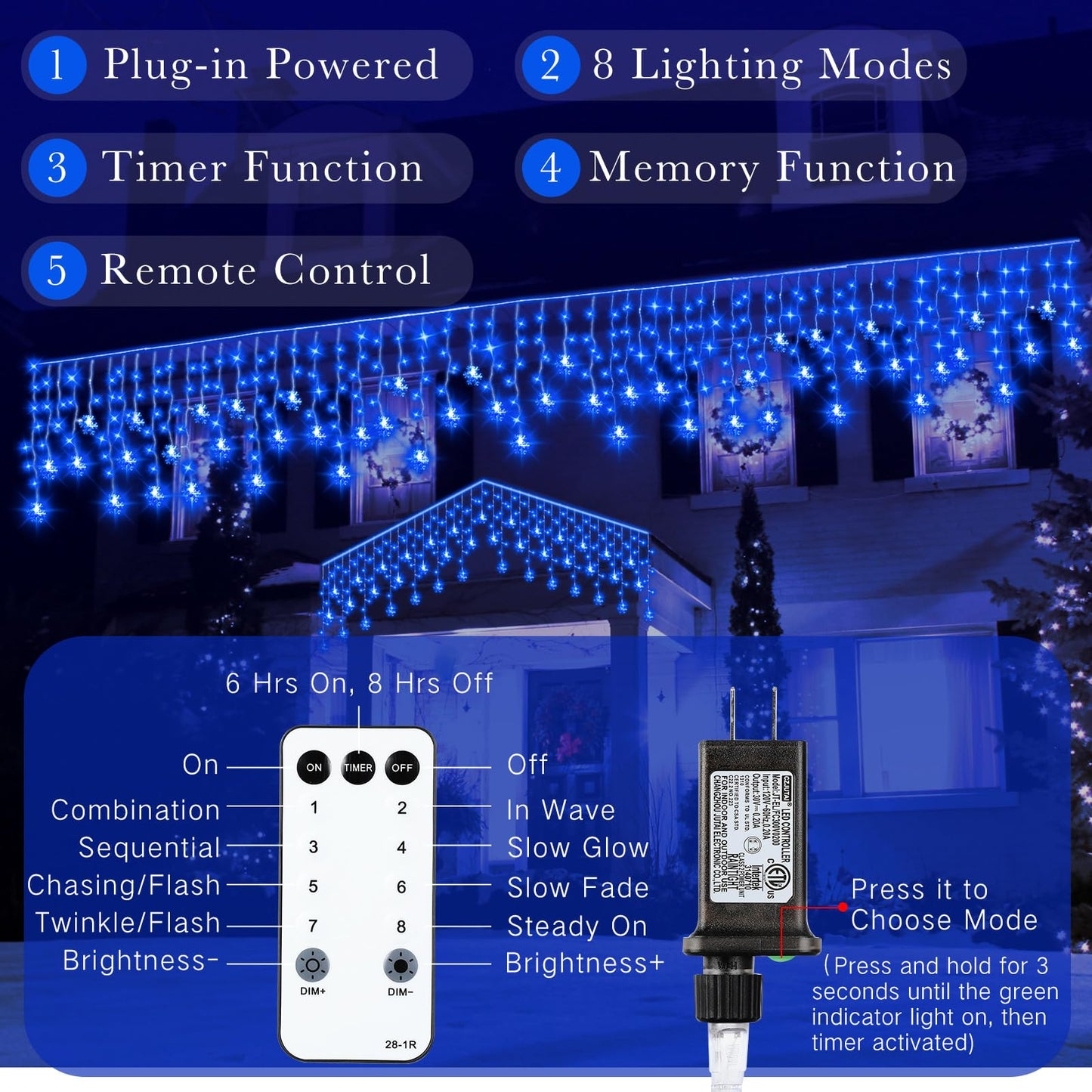 Aurelema Christmas Snowflake Icicle Lights, 33 ft Outdoor Snowflake Lights with Remote 8 Mode Waterproof 380 LEDs 76 Drops for Curtain Eaves Garden Indoor Outdoor Xmas Home Decor Wedding(Blue)
