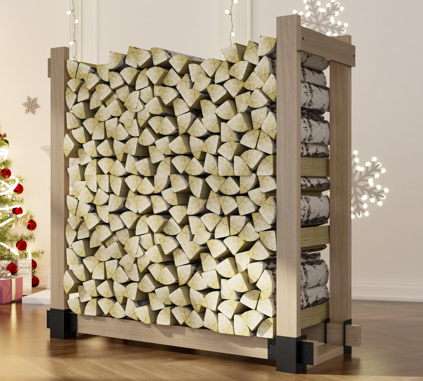 Kingson 4 Pack Heavy Duty Firewood Log Storage Rack Brackets, Adjustable Length Indoor Outdoor Fireplace Wood Holder, Rust-Proof Powder Coated Steel DIY Kit with Screws