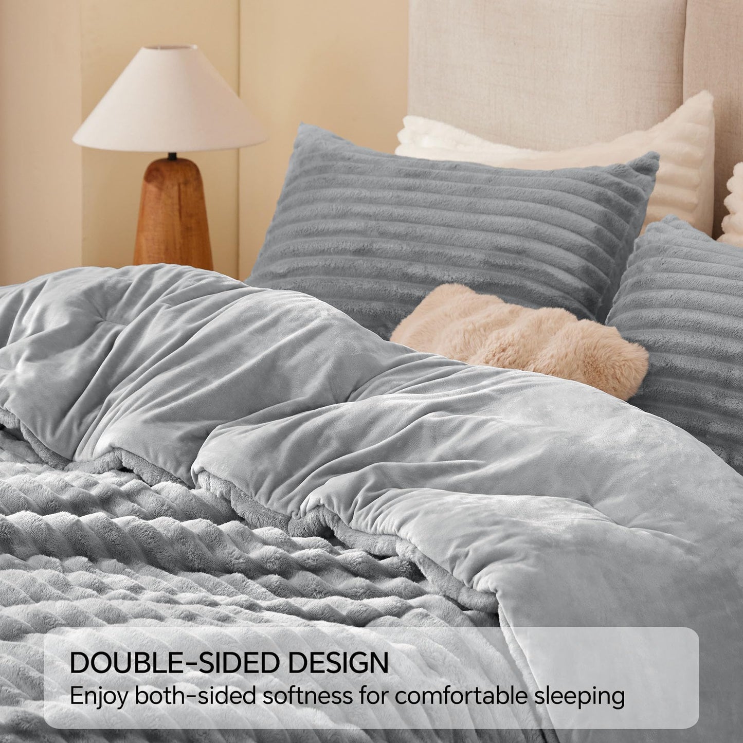BEDELITE Fleece Queen Comforter Set -Super Soft & Warm Fluffy Light Grey Bedding, Luxury Fuzzy Heavy Bed Set for Winter with 2 Pillow Cases