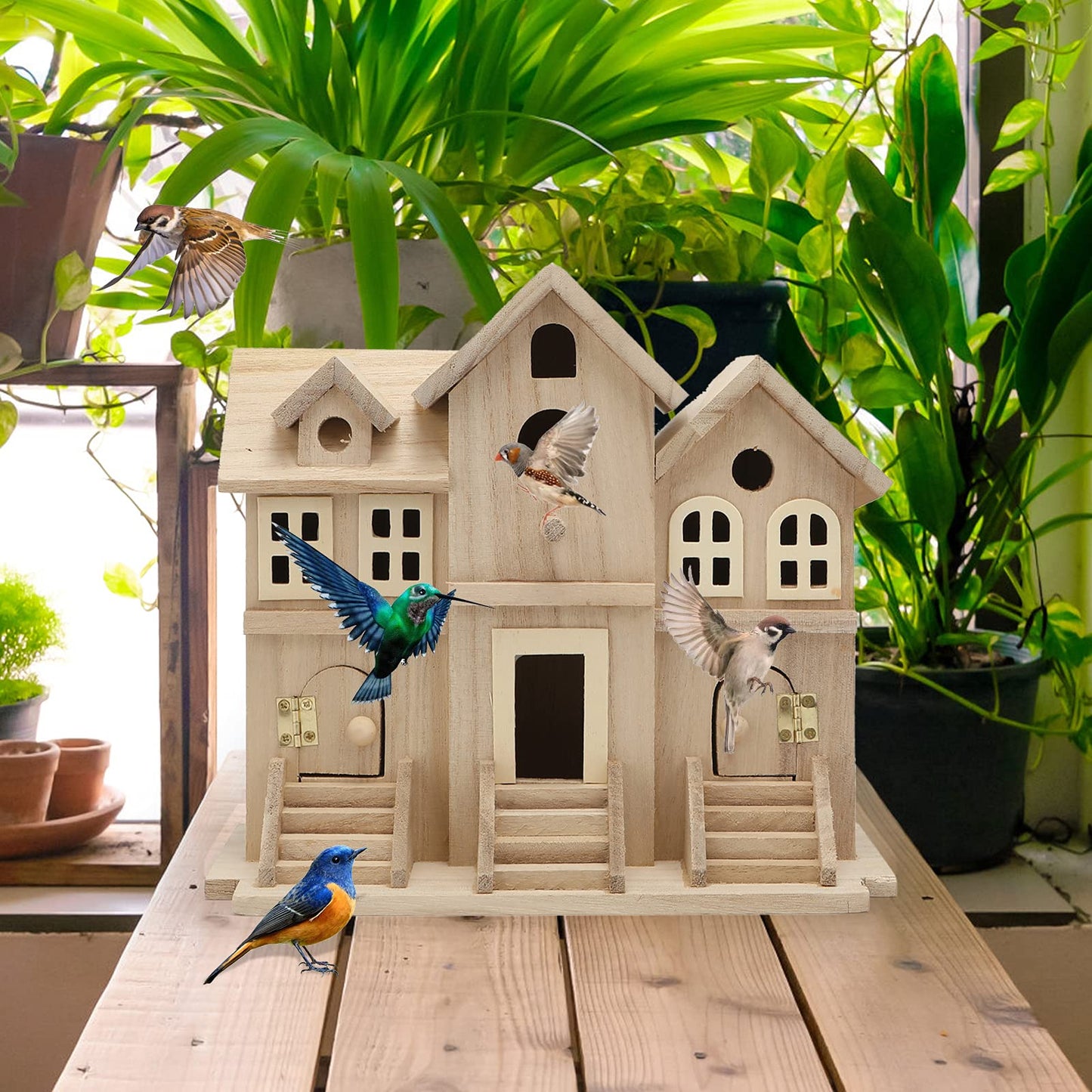 Lyfreen Paulownia Wood Bird House with Pole, Outdoor Hanging Birdhouse for Bluebirds, Wrens, Hummingbirds, Finches - Wooden Garden Bird House
