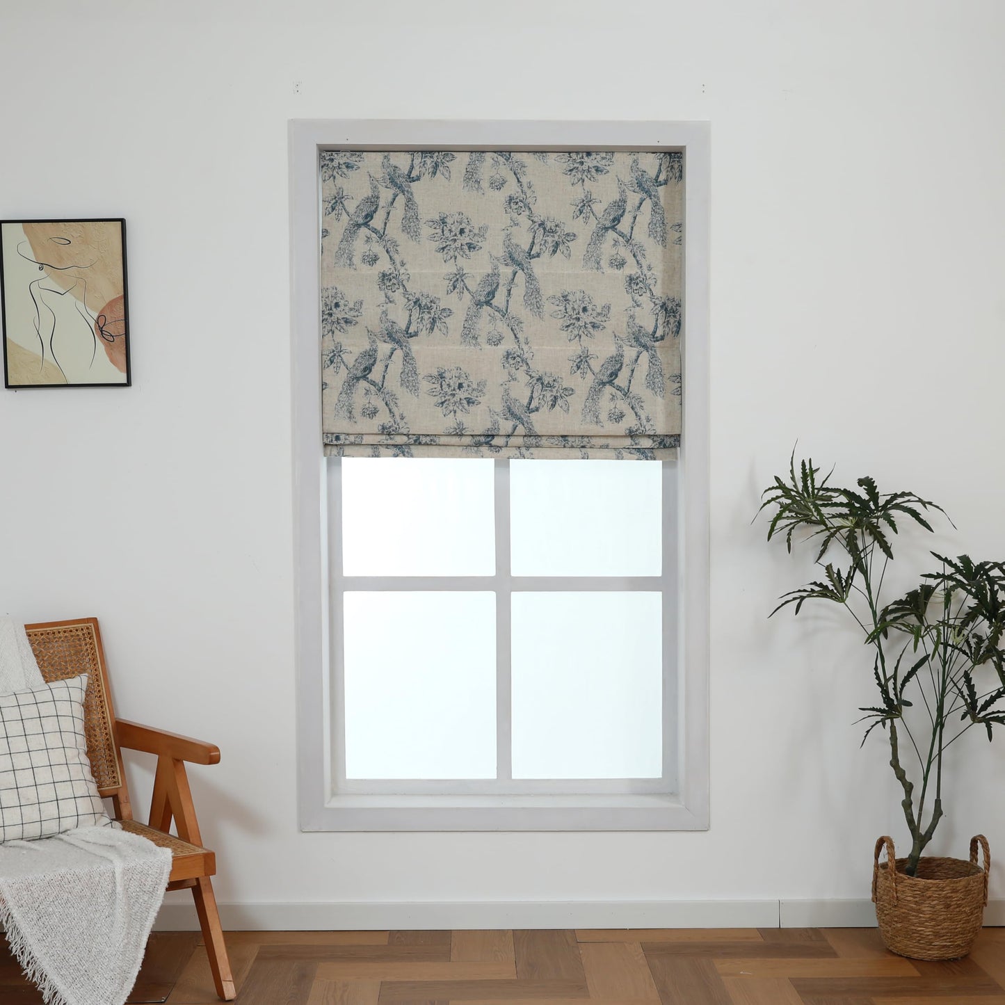 Everyday Celebration Peacock 100% Blackout Dual Layered Pull-Down Roman Shade for Windows, Peacock Pattern Printed on Natural Fabric Roman Shades for Home 30" W x 64" H Blue