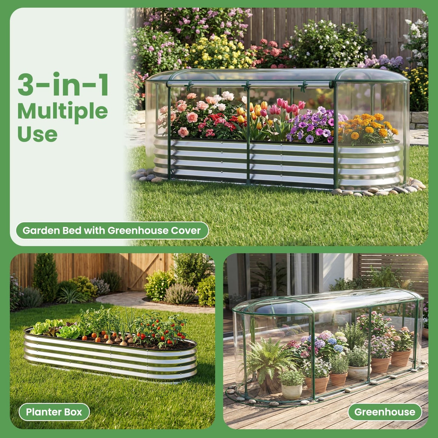 Giantex Raised Garden Bed w/Greenhouse Cover, Outdoor Oval Metal Steel Planter Box w/Roll-up Window, Clear PVC Mini Greenhouse for Vegetables Flowers Herbs Outdoor Patio Gardening, 6x2x1 FT (Silver)