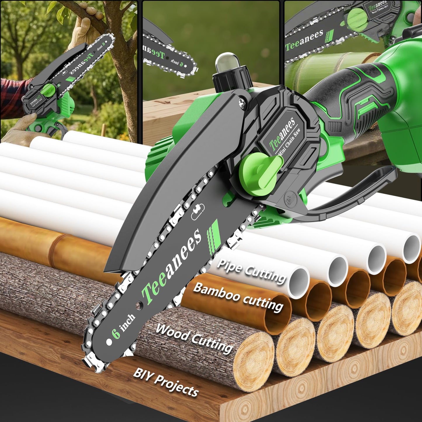 TEEANEES Mini Chainsaw Cordless, 6-Inch Small Electric Chainsaw with 21V Battery & 3 Chains, Hand Held Chain Saw Battery Powered for Wood Cutting & Tree Trimming, Ideal Gardening Gift for Men Dad.
