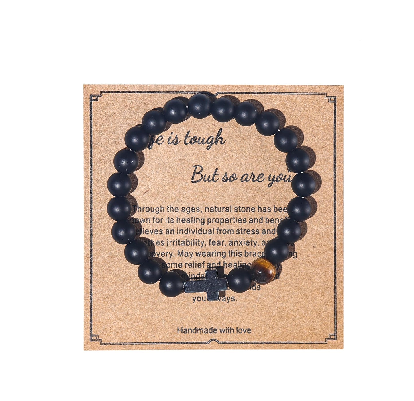 Get Well Soon Gifts Natural Stone Healing Relaxation Bracelets inspirational gifts for Women Men,8mm Chakra Crystal Amethyst Anti-Anxiety Crystal Stone Yoga Beads, Stress Relief Stretch Bracelets (N Cross Black)