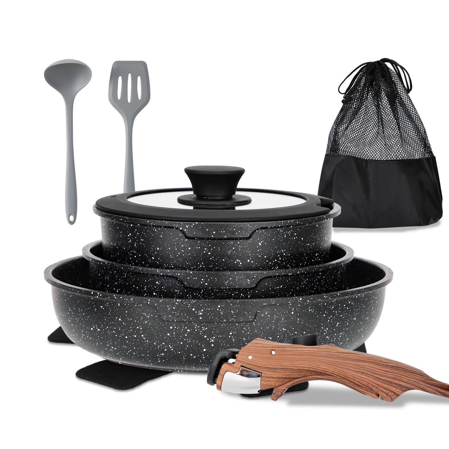 MAISON ARTS Detachable Handle Induction Pots and Pans Set, 10 Piece Non Stick Kitchen Cookware Sets, Stackable Black Granite RV Cooking Set for Camper