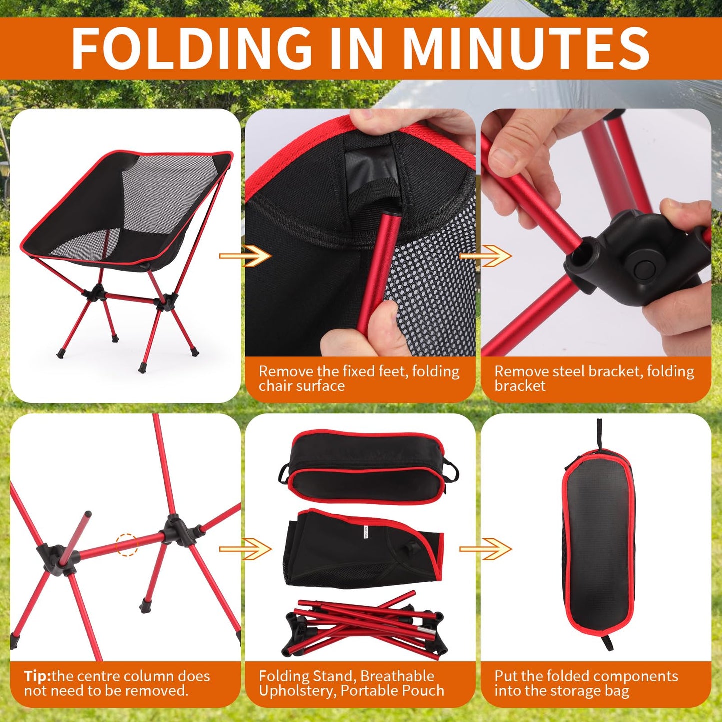 Veathzet Ultralight Camping Chair, Foldable Portable Camping Chair with Breathable Nylon Mesh, Compact Design & Carry Bag for Hiking, Backpacking, Beach, Concerts (Black&red)
