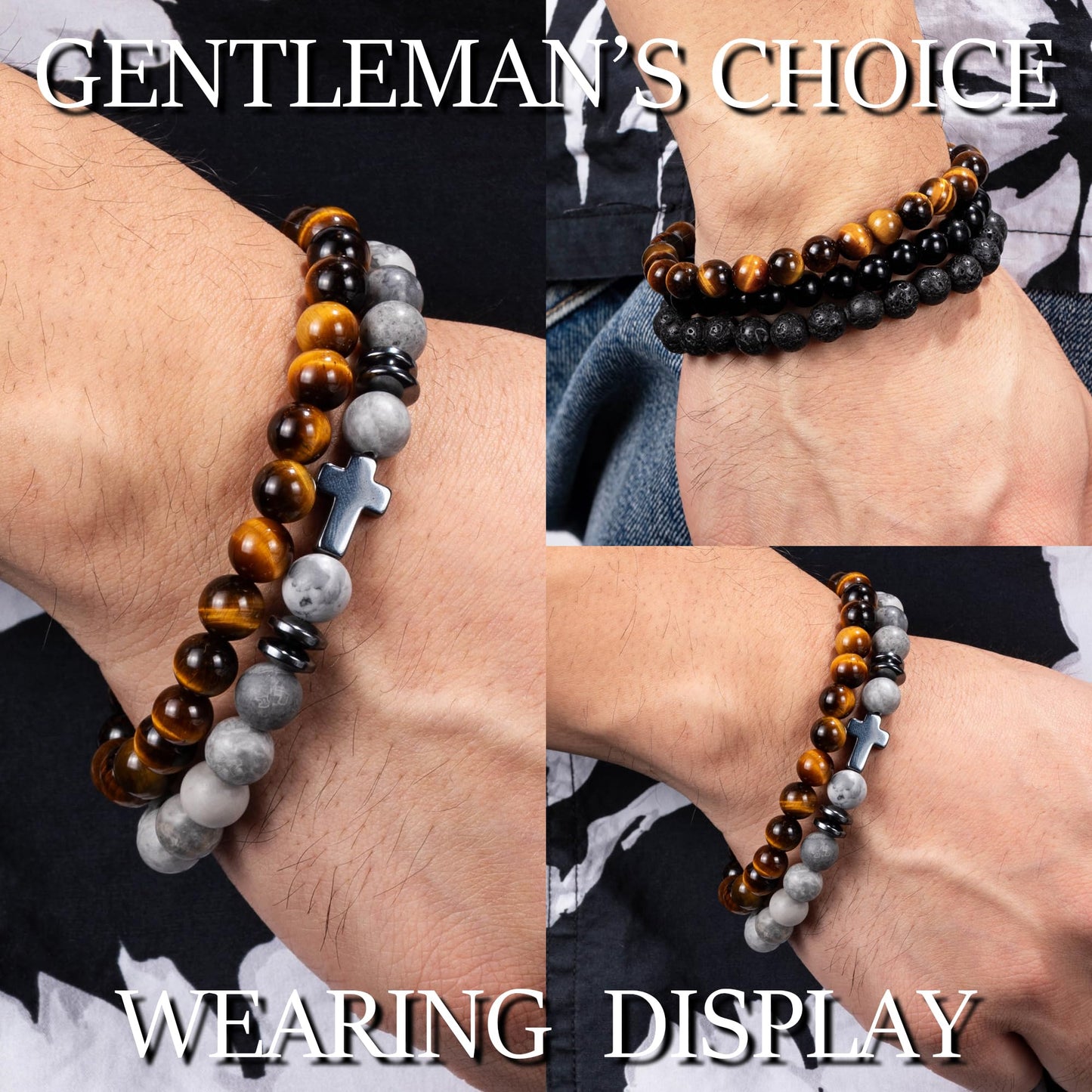Crystery Men Beaded Bracelets, 8mm Natural Stone Bracelet, Healing Crystal, Jewelry Gifts for men, Triple Protection, Map Stone, Tiger Eye, Black Obsidian Beads Bracelets, Lava Rock, Pack of 4