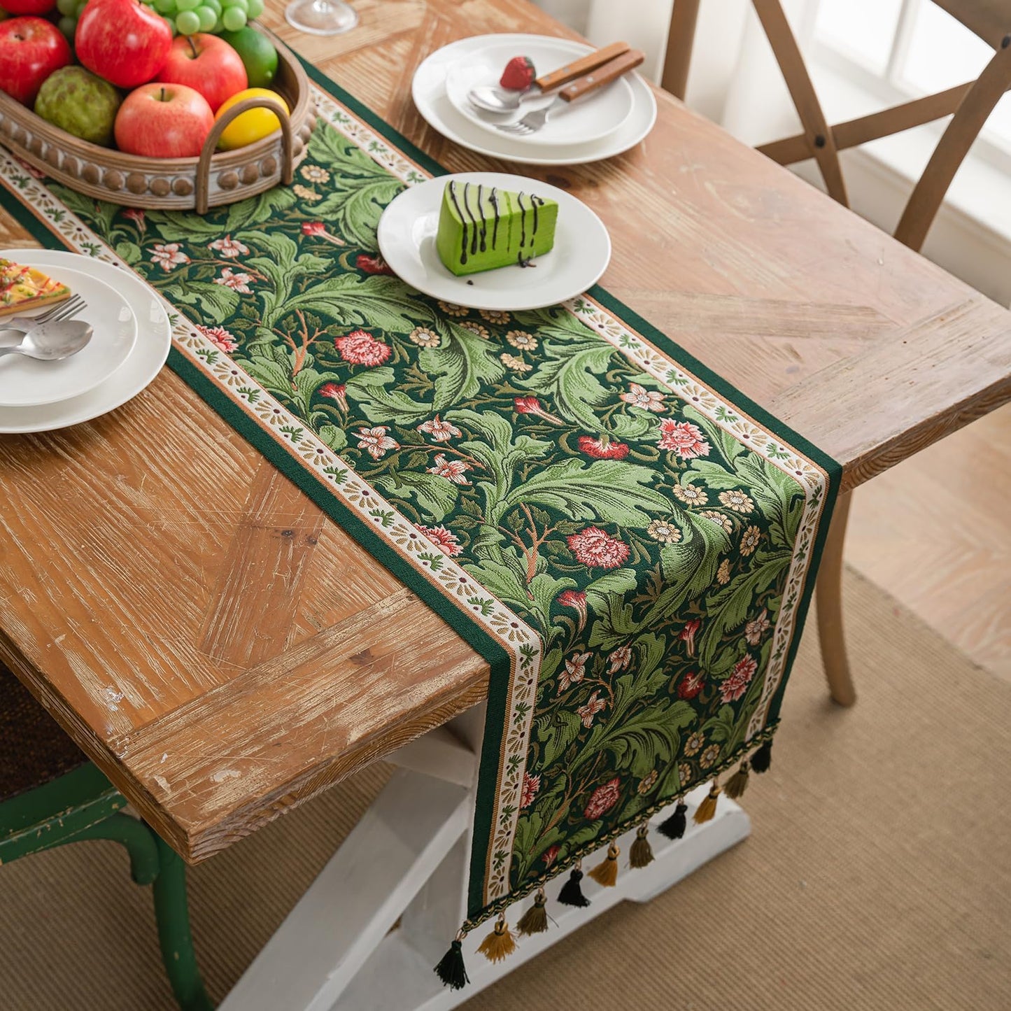QGenuine Floral Table Runner with Tassel Edges, Cotton Blend Decorative Runner for Dining Table, Spring Table Decor