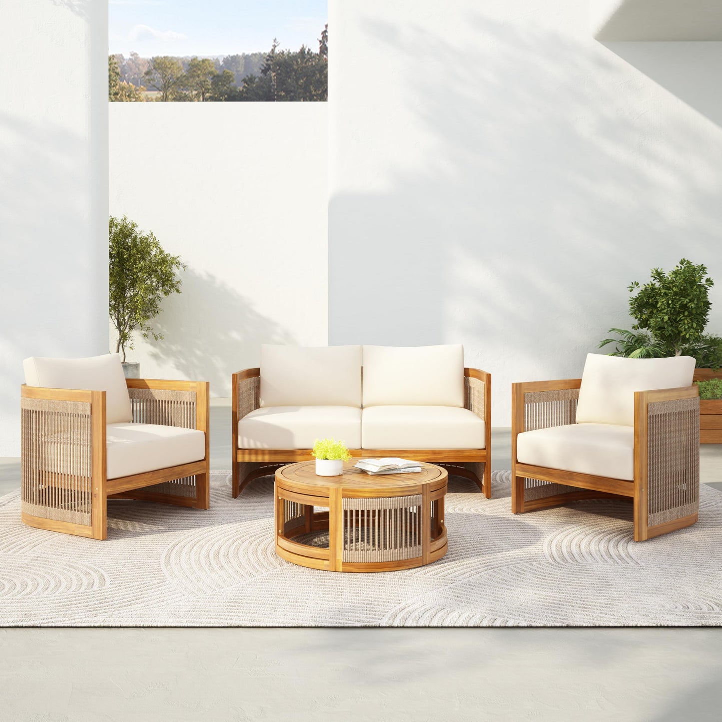 Merax 4-Piece Patio Premium Acacia Wood Outdoor Furniture Set,All Weather Curved Tub Design with Woven Rope Accents Loveseat Chairs and Table for Backyard, Balcony and Deck,Teak+ Beige