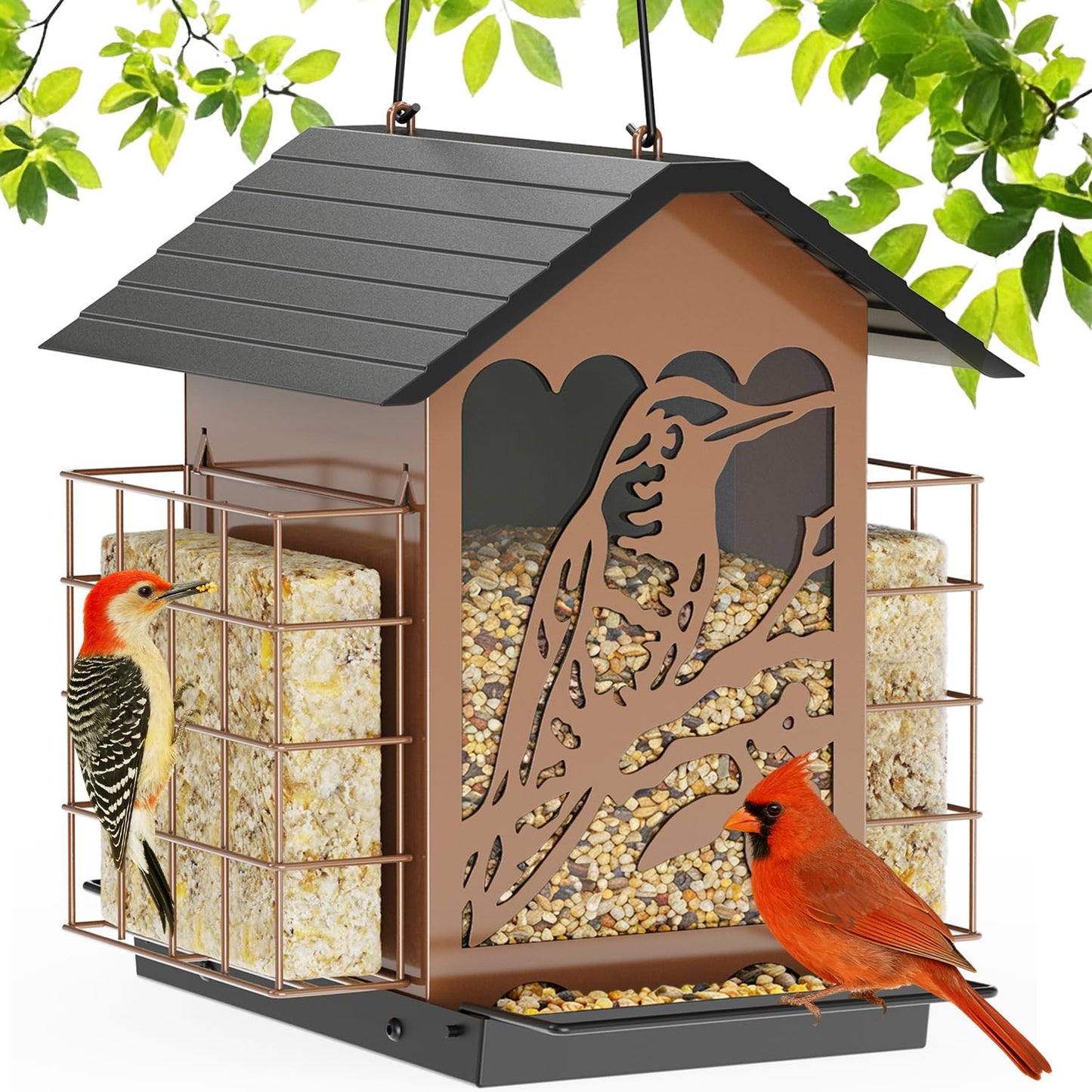 Birdream Bird Feeders for Outdoors, 5 Lbs Metal Bird Feeder with Double Suet Cages, 2 in 1 Mixed Seeds Suet Feeder, Large Capacity & Weatherproof Metal Roof, Attract Cardinals Wildbird Woodpecker