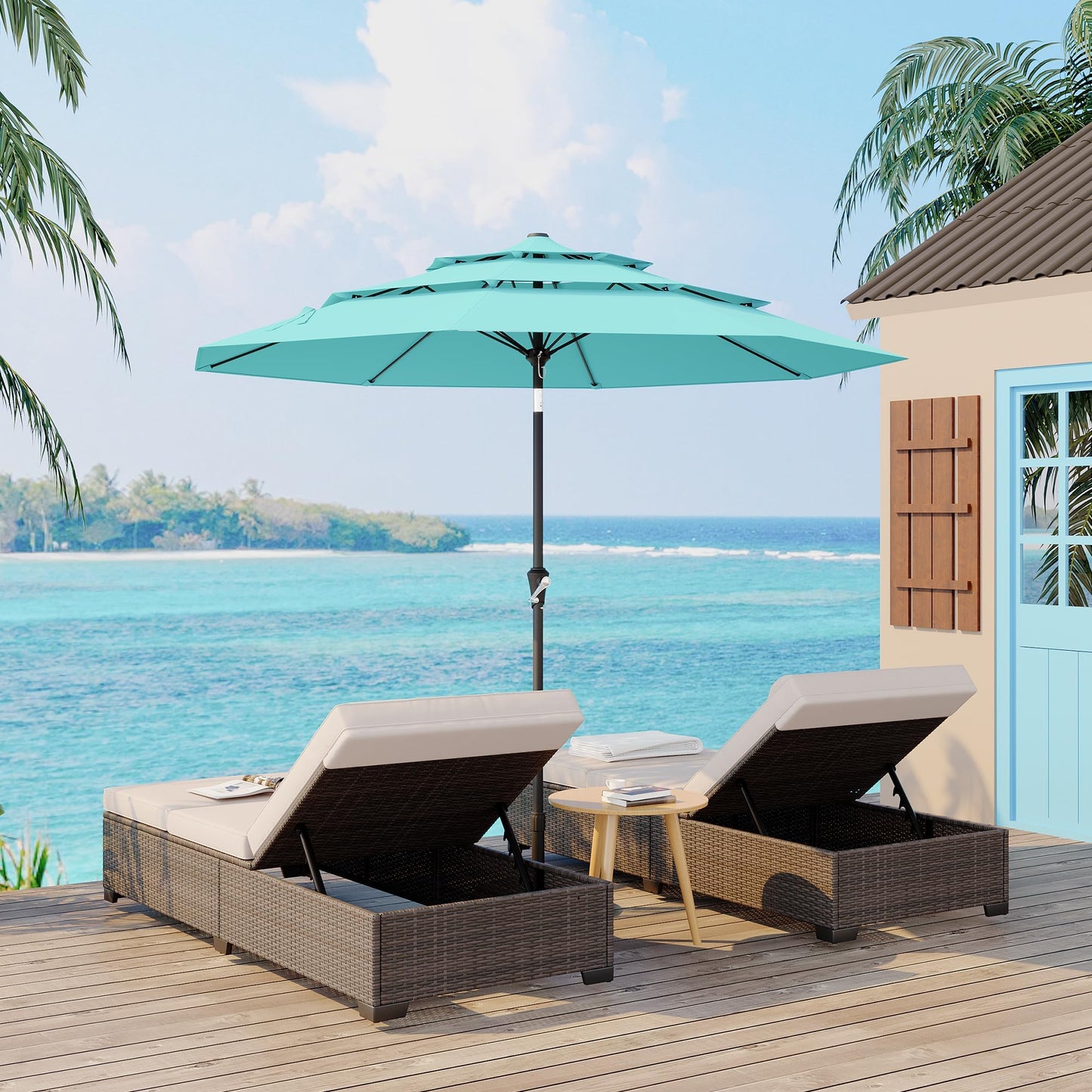 Garvee 9Ft Outdoor Patio Umbrella, 3-Tiers Market Umbrella with 8 Sturdy Ribs & Hand Crank, Outdoor Table Umbrella for Poolside, Beach, Garden(Blue)