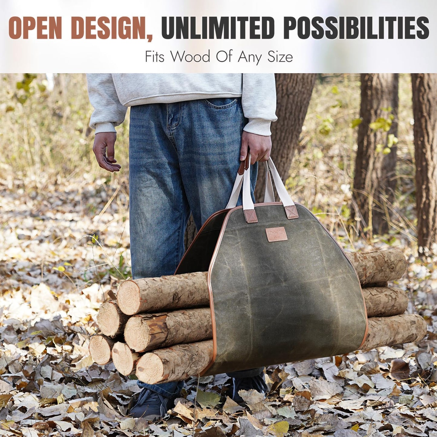INNO STAGE Firewood Carrier - Waxed Canvas Wood Carrier for Firewood, Heavy Duty Log Carrier Bag As Wood Stove Accessories