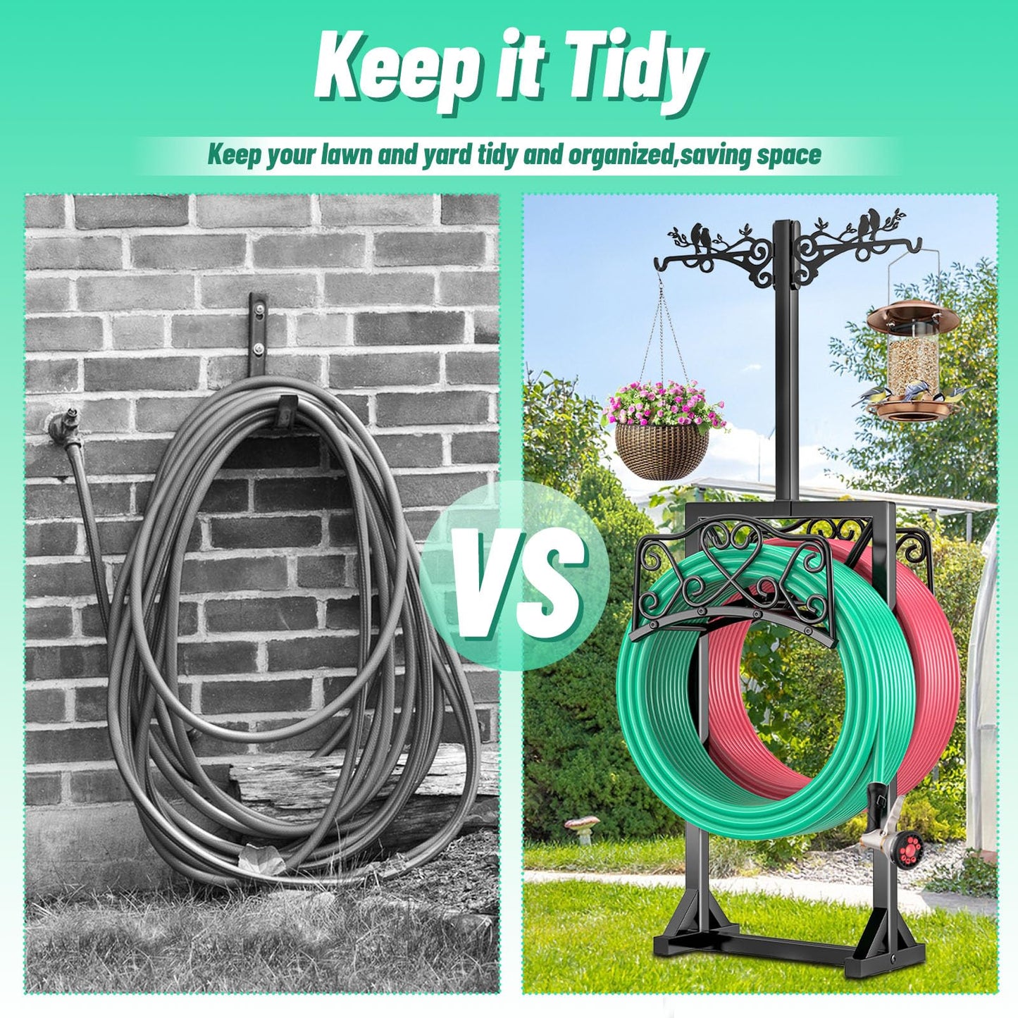 ODSNANIE Garden Hose Holder for Outside,Water Hose Holders with 2 Bird Statue Shepherds Hooks & 5 Spikes,Double-Sided Freestanding Hose Stand Heavy Duty Hose Storage Rack for Outdoor Yard Lawn Farm