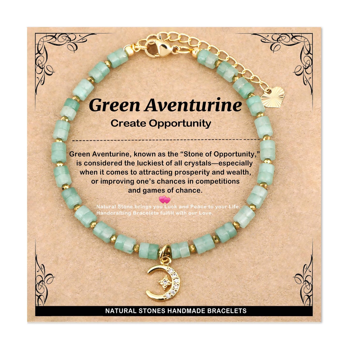 Natural Gemstone Healing Crystal Aventurine Dainty Charms Star and Moon Bracelet Adjustable Chain Extender Minimalist Jewelry