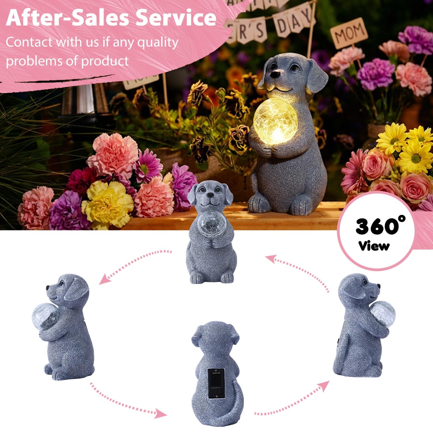 Tiejiajiang Dog Garden Statues - 8.4 Dog Decor with Gazing Ball LED Lights, Unique Gifts for Mom Grandma Birthdays, Outdoor Decor for Outside Lawn Porch Patio (Gray)