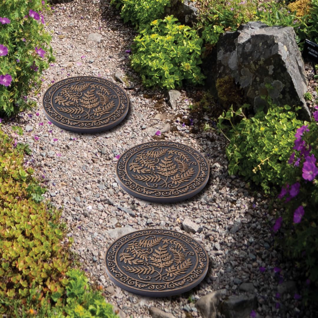 Home Furnishings By Larry Traverso HF by LT Deluxe Rubber Stepping Stone, Fern Medallion Design, Heavy Duty 13"" All-Weather Garden Tile, Black with Antique Bronze Finish, Set of 3, TR0787