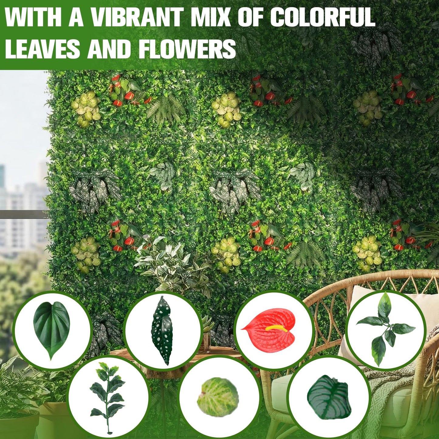 6pcs 39.37"X39.37" PE Artificial Grass Wall Panel, 8-Plant Mixed Foliage, Easy DIY Installation with Zip Ties, Indoor Outdoor Privacy Screen for Home Garden Wedding Decoration