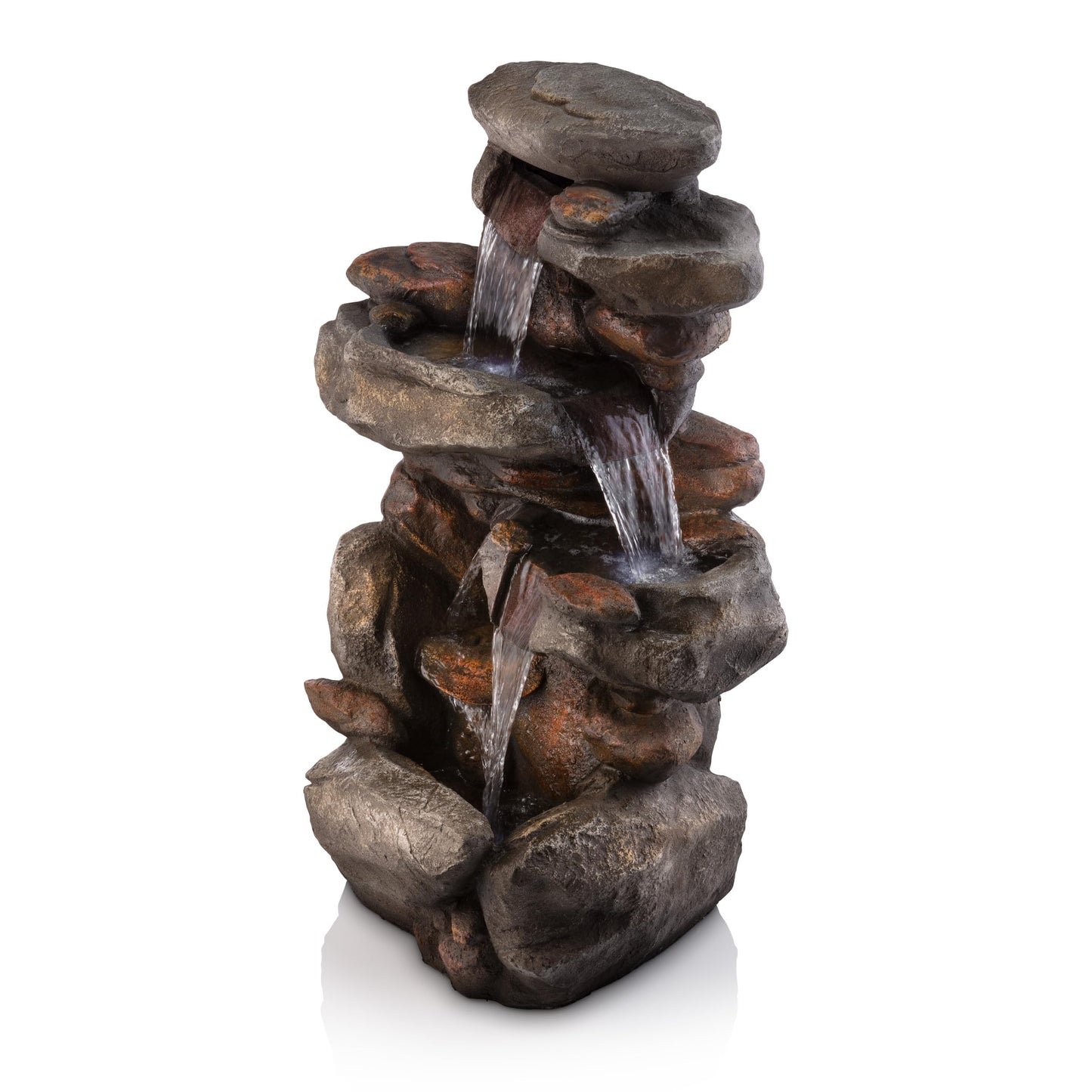 Alpine Corporation | 40" 4-Tier Rock Floor Fountain with Cascading Water & White LED Lights, Tranquil Outdoor Water Feature for Garden, Patio, Yard & Deck, Light Gray