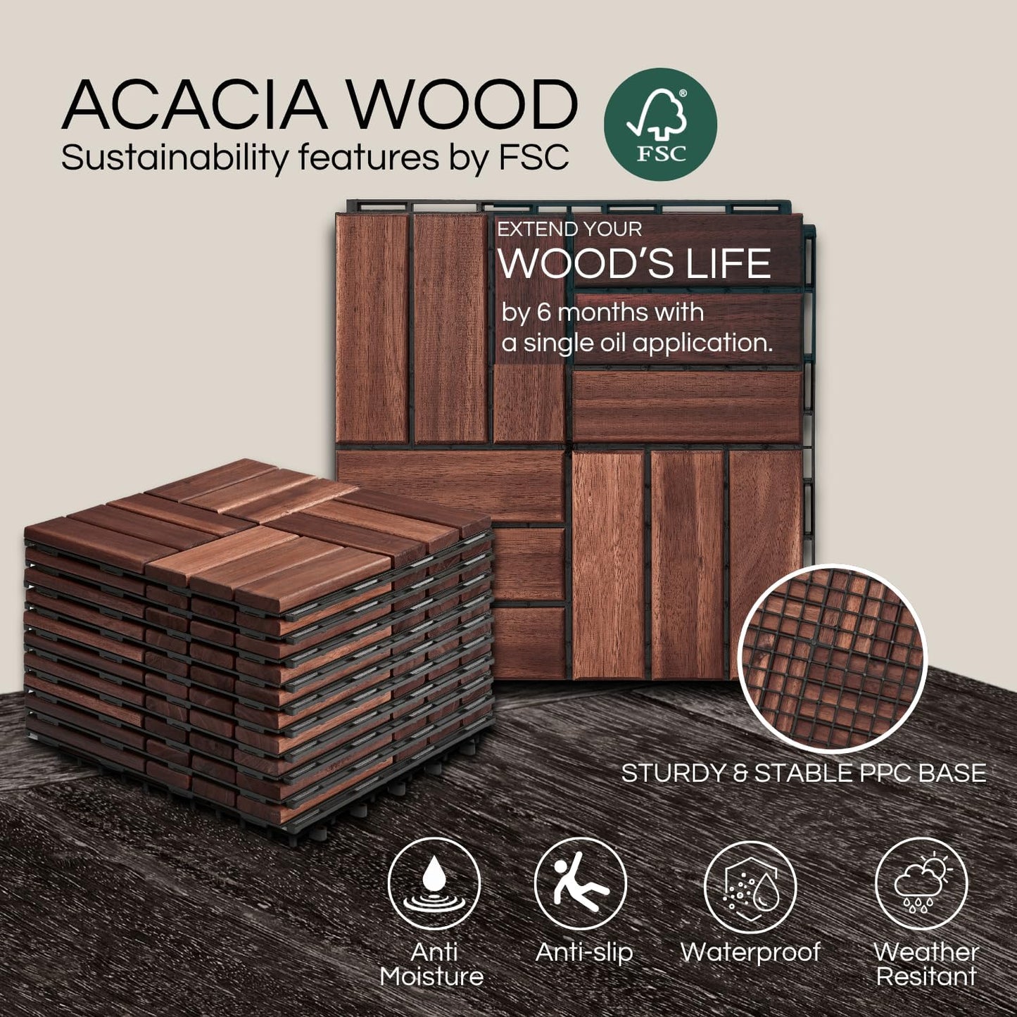 THYOI Premium Deck Tiles, Patio Flooring - Outdoor Waterproof Acacia Wood Tiles for All Weather Use - Balcony, Backyard, Indoor & Outdoor (Square Ft) (10, Dark Brown, 12S)