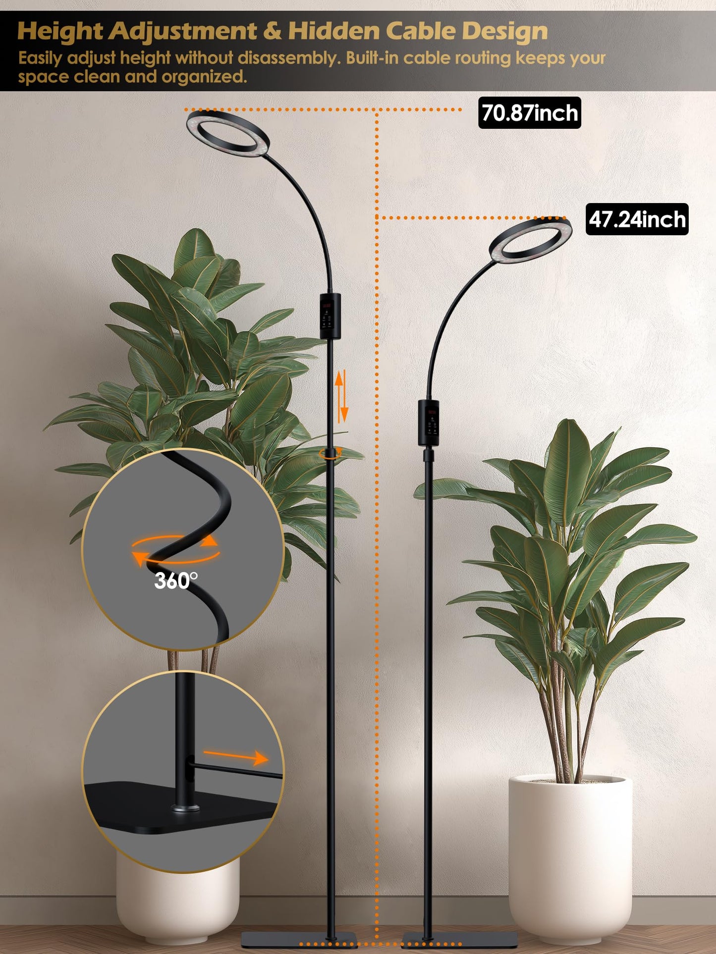 Smart Grow Lights for Indoor Plants, 24W Plant Light with Auto-Timer, Full Spectrum LED Grow Light, Adjustable Height & Stepless Dimming,Plant Assistant Suitable for Most Plants (Black)
