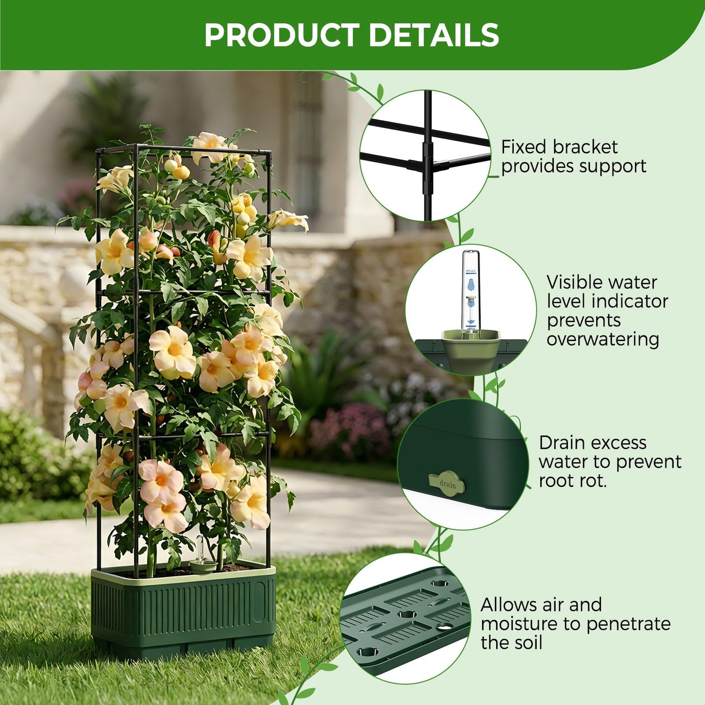 Raised Garden Bed Tomato Planter with Trellis, 52" Self Watering Tomato Planter with Water Level Indicator, Larger Rectangular Tomato Cages for Indoor & Outdoor Climbing Vegetable and Plants (1)