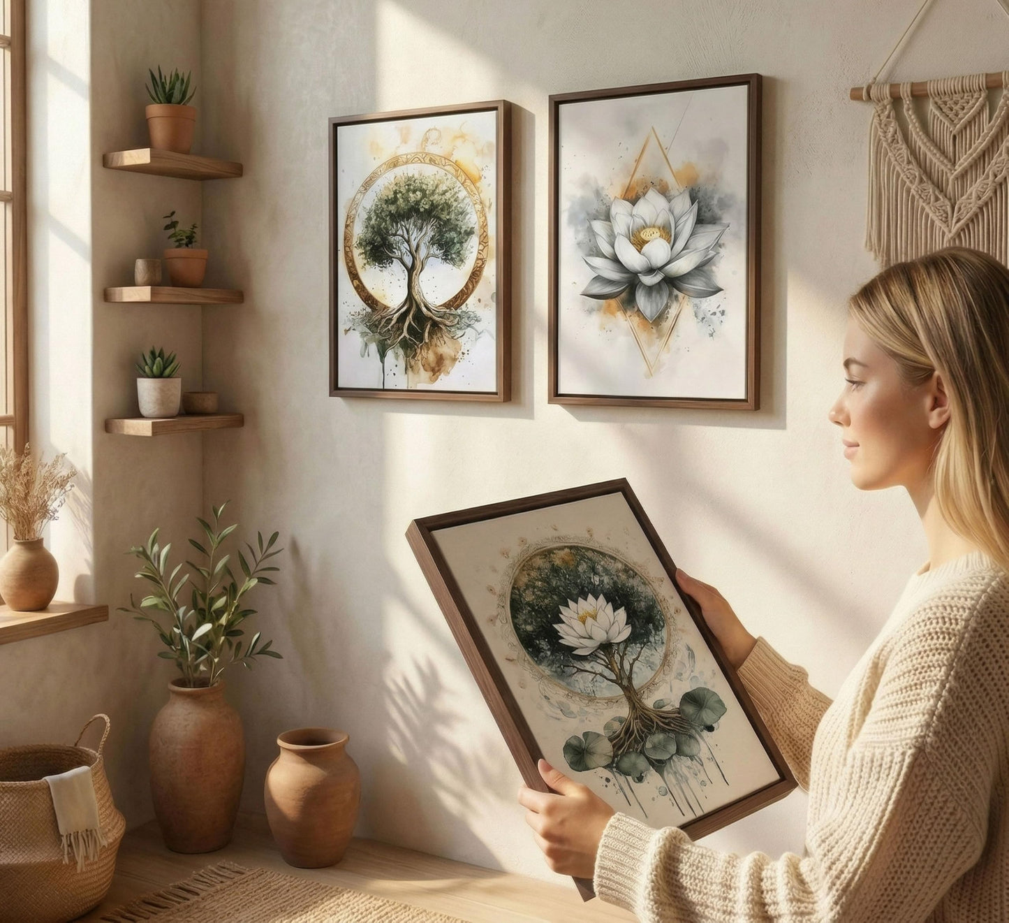 3PCS Zen Meditation Lotus Wall Art Spiritual Bathroom Yoga Spa Posters Prints Artwork Tree of Life Paintings Pictures Wall Decor for Living Room Office Bedroom Home Decoration Unframed.