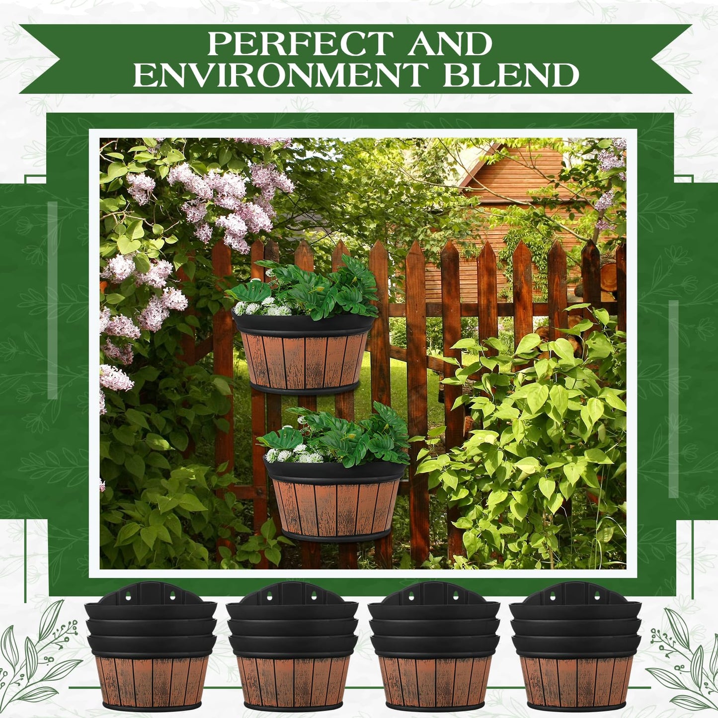 Layhit 6 Pcs Wall Hanging Planters Outdoor Pot Planter Wine Barrel Planter Distressed Oak Thickened Plastic Water Storage Flower Pots for Flower Indoor Outdoor(10 Inches,Brown)