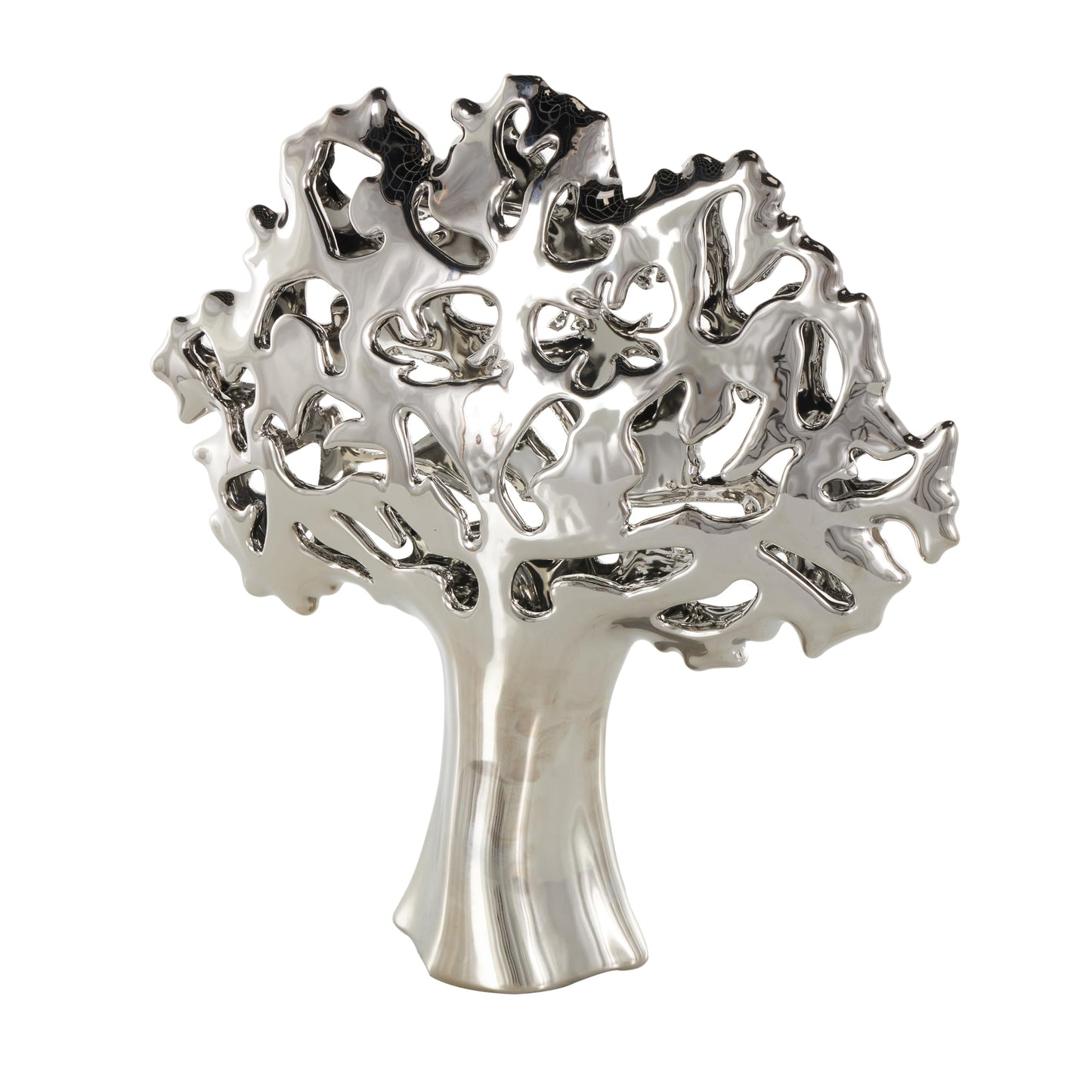 Deco 79 Ceramic Tree Decorative Sculpture Glossy Home Decor Statue with Abstract Cutouts, Accent Figurine 15" x 5" x 16", Silver