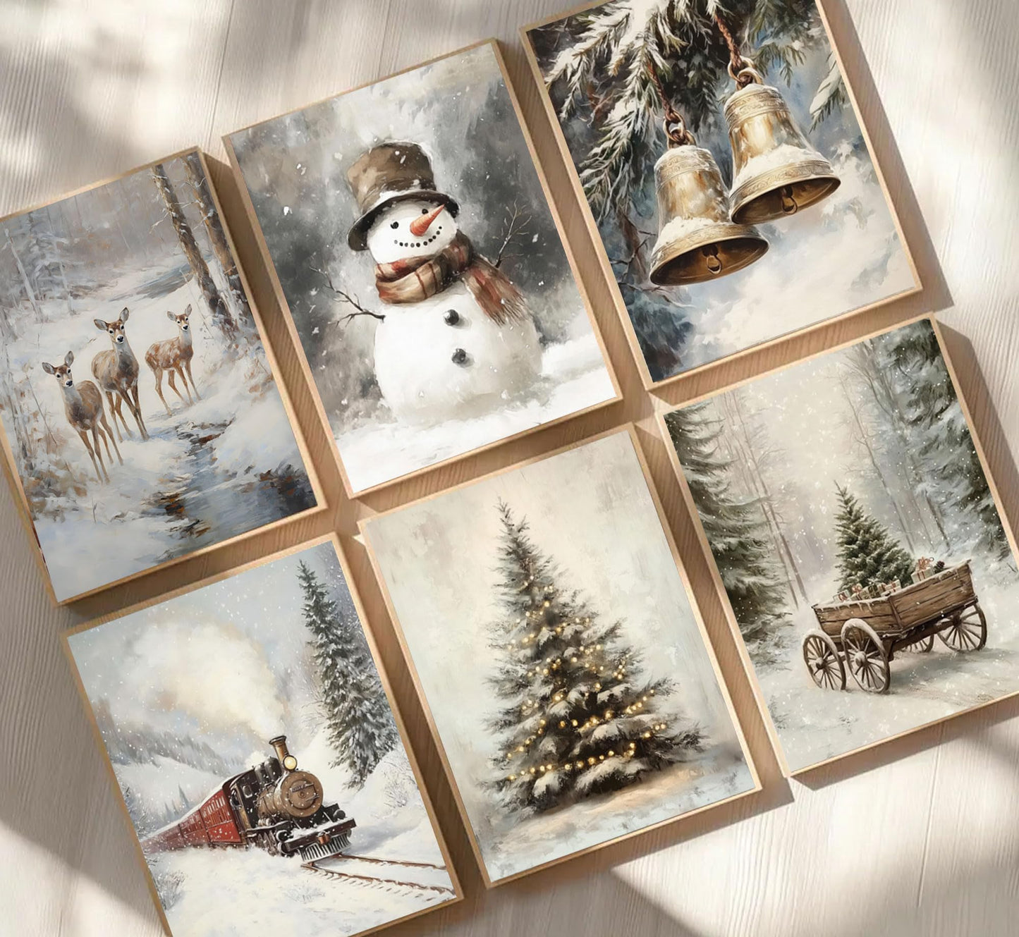 6pcs Retro Christmas Canvas Wall Art Tree Snowman Elk Christmas Posters Prints Paintings Winter Landscape Festive Elements Wall Decor Pictures for Living Room And Bedroom Furniture Decoration Unframed