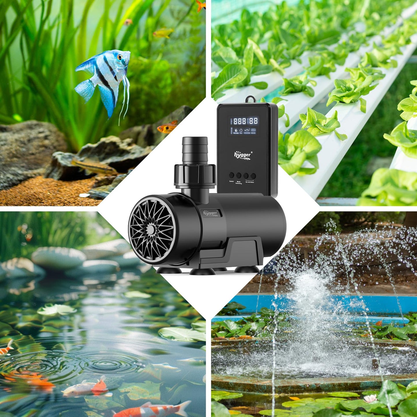 hygger 15W-100W Water Pump with Controller (Up to 3430GPH), Submersible/Inline Return Pump with Adjustable Mode/Flow, 2 Fountain Pump with 2 Inlet Cover and 3 Nozzles, for Fish Tank, Pond, Aquarium