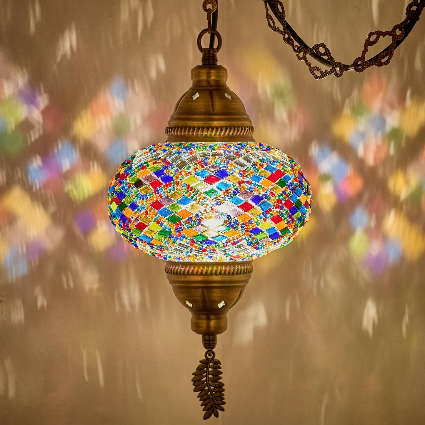 DEMMEX Authentic Turkish Mosaic Plug-in Swag Pendant Light Fixture, Large 6.5" Globe – Moroccan Hanging Ceiling Lamp - 15ft Cord & Chain, US/CA Plug, Exotic Mediterranean Decor, Handmade